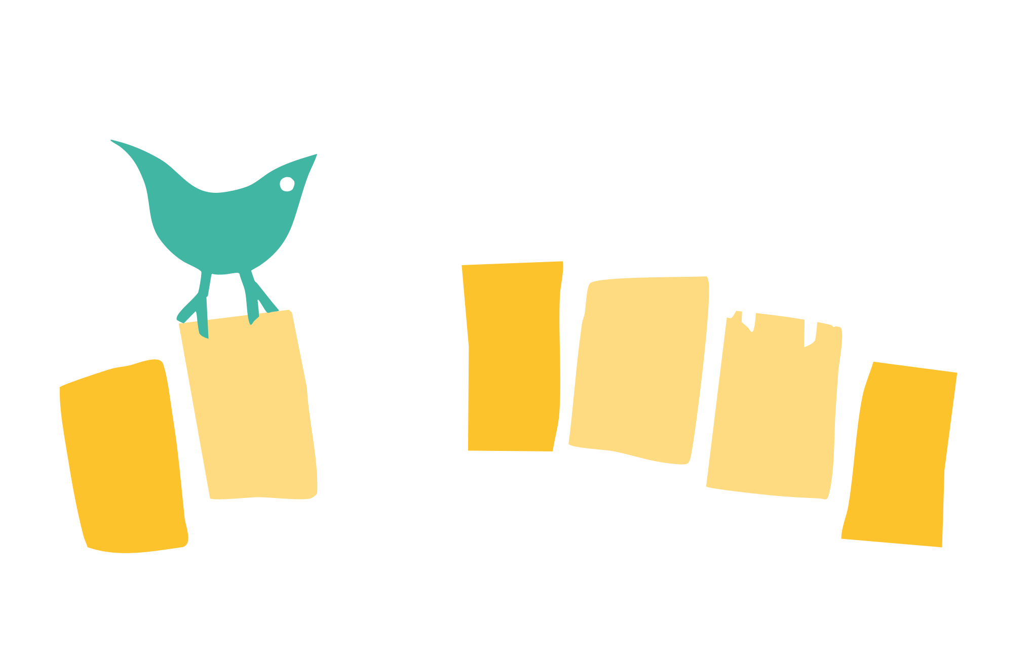 An arched row of yellow, light yellow and white blocks like houses or a bridge, with a teal bird on the left and a white bird on the right.
