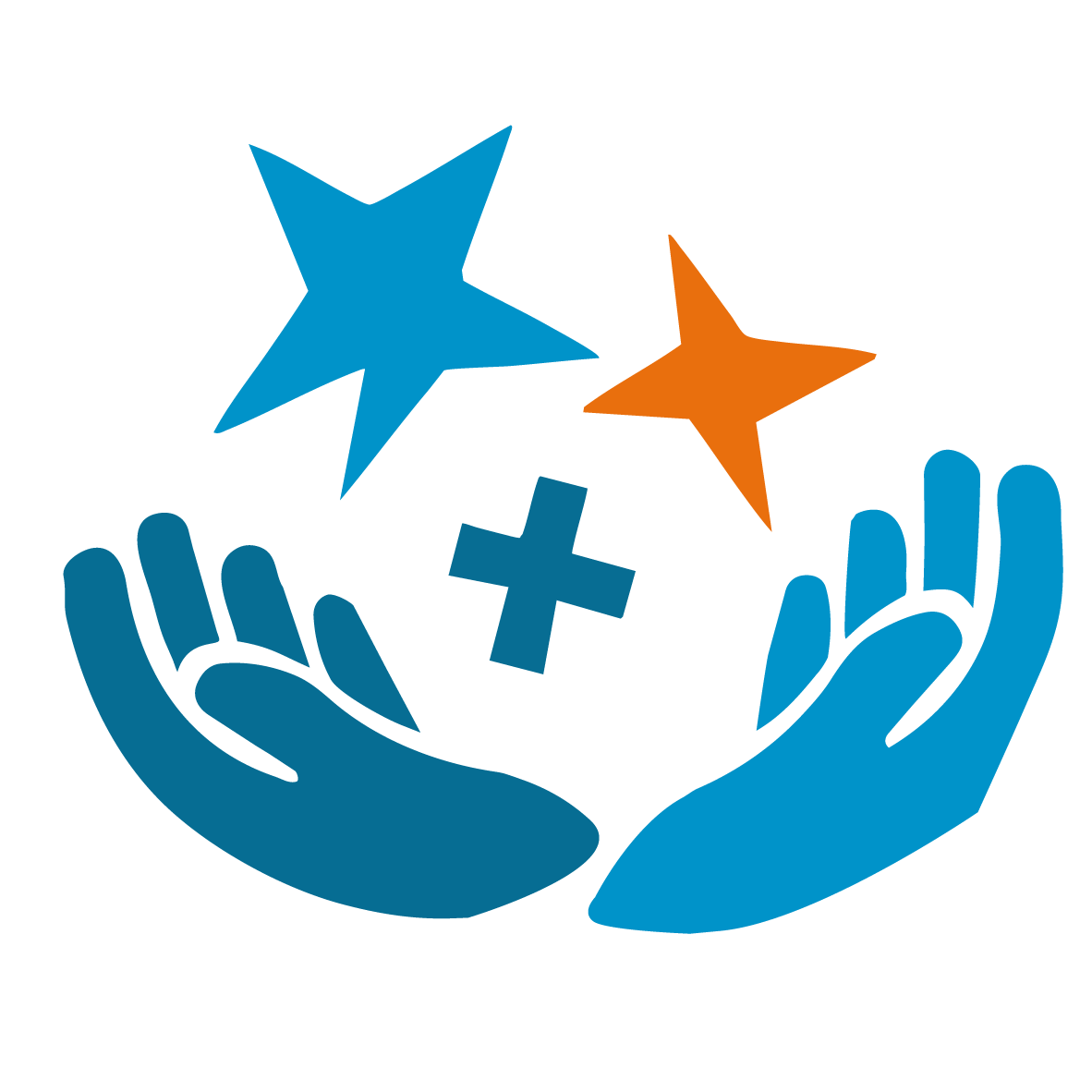 Two open hands, one dark blue and one blue, cupped towards each other beneath a blue star, an orange star and a dark blue plus sign.