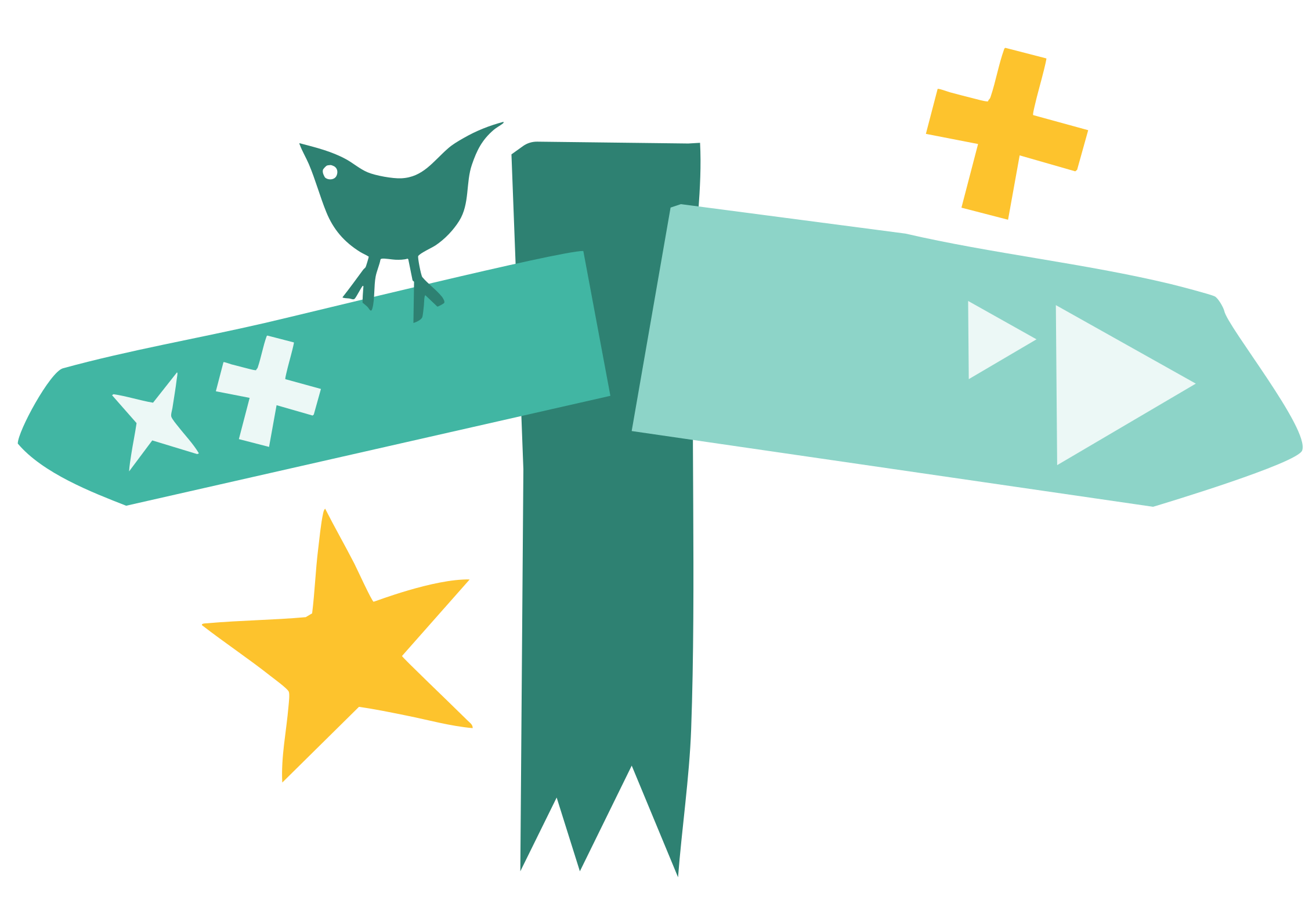 A signpost with a teal arrow sign and a pale teal arrow sign on a dark teal post, with a small dark teal bird on top and yellow stars.