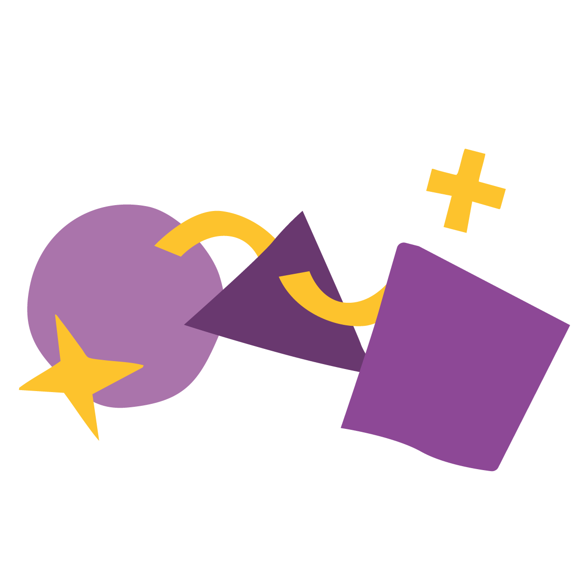 A light purple circle, a dark purple triangle and a purple tilted square joined by a curved yellow arrow, with two yellow sparkles. Representing leaders connecting across sectors.