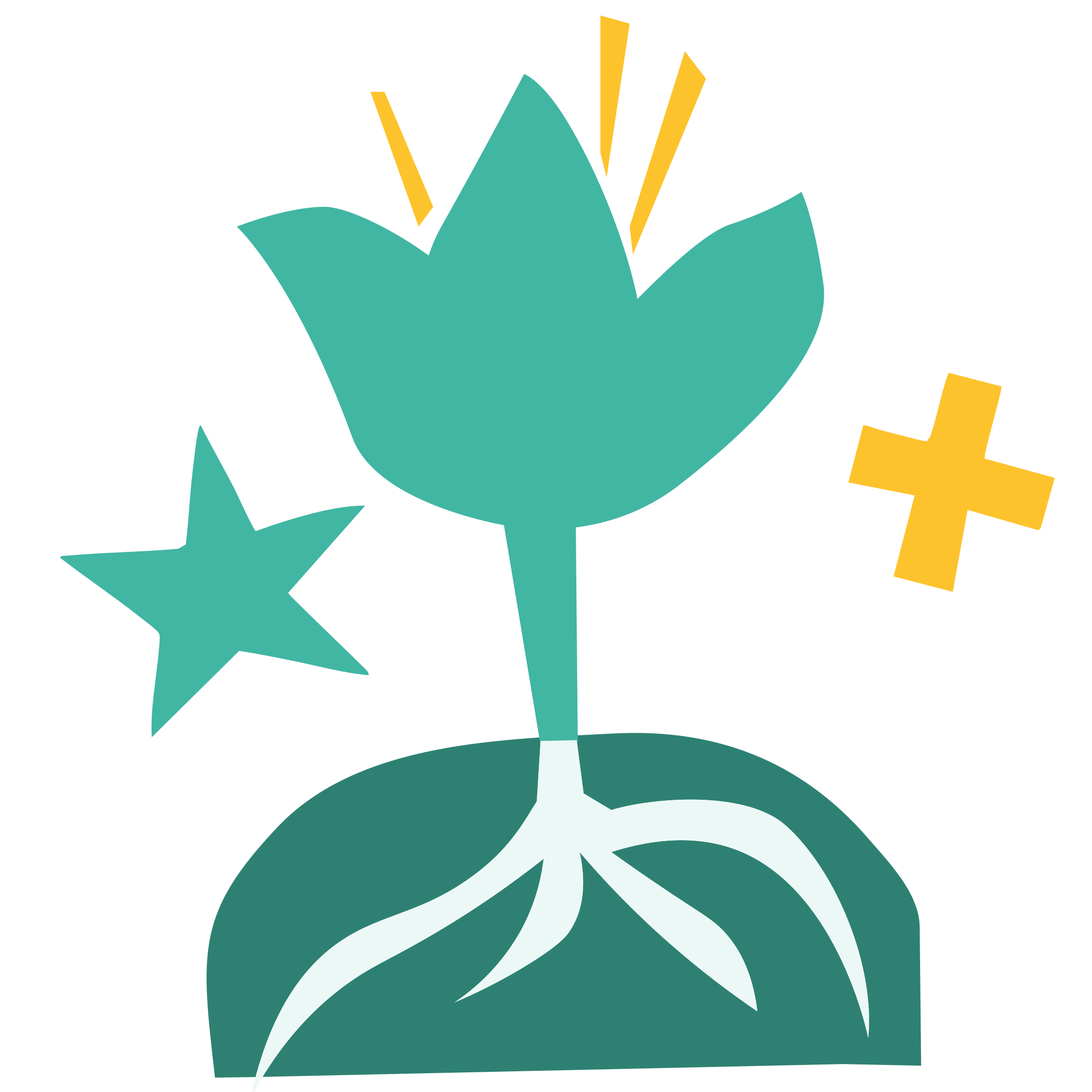 A teal flower bloom growing from a dark teal mound of earth with white roots, between a teal star and a yellow star.