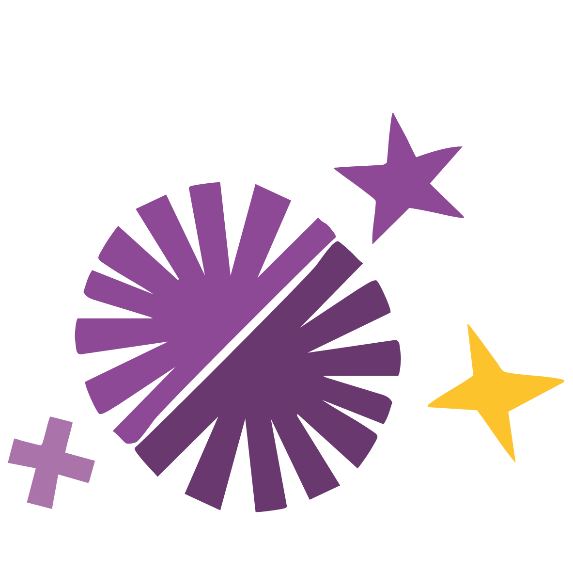 A round purple burst of rays crossed by a thin diagonal line, with a purple star, a yellow star and a small light purple sparkle.