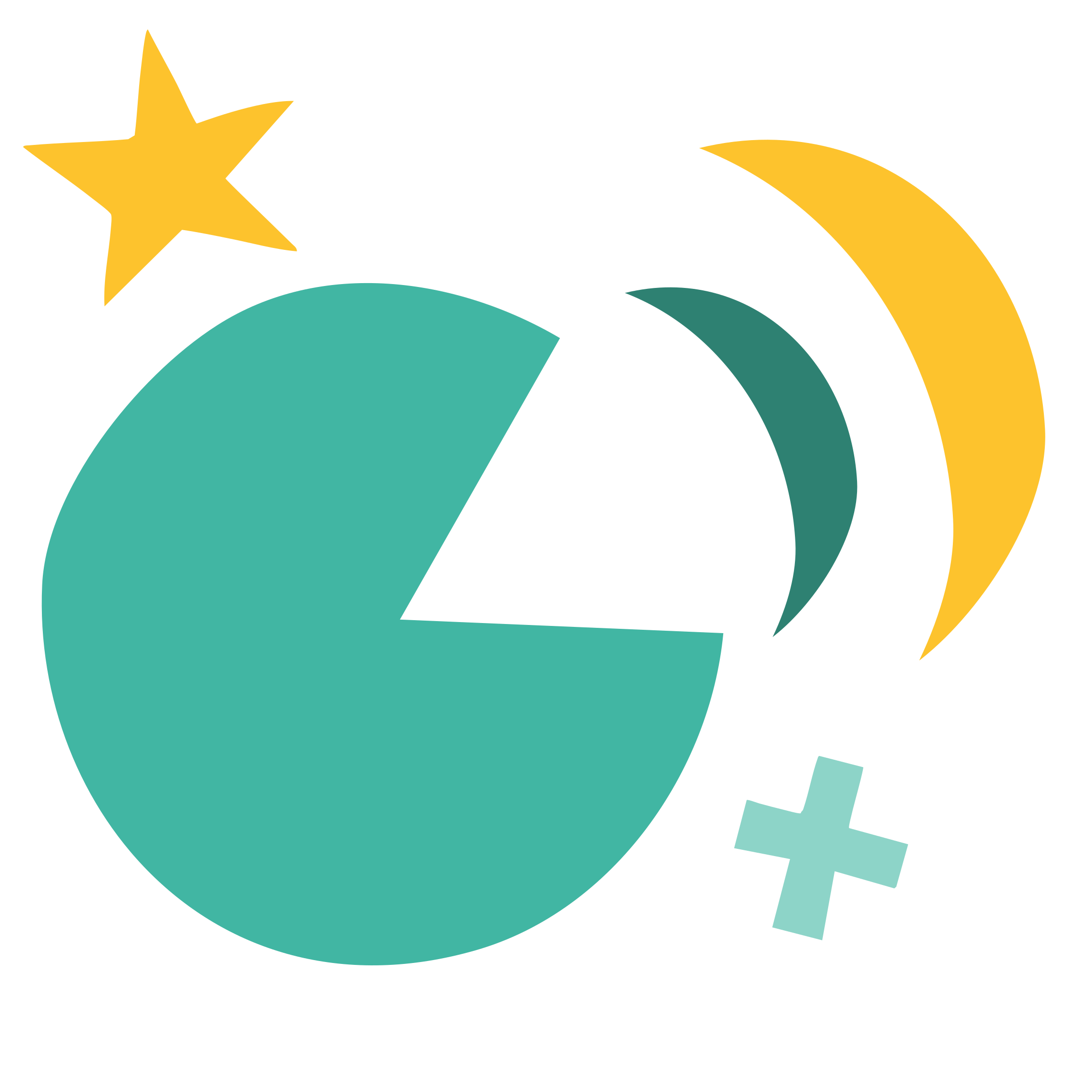 A teal circle with a cut out like an open mouth, with dark teal and yellow sound arcs, with yellow and teal symbols.