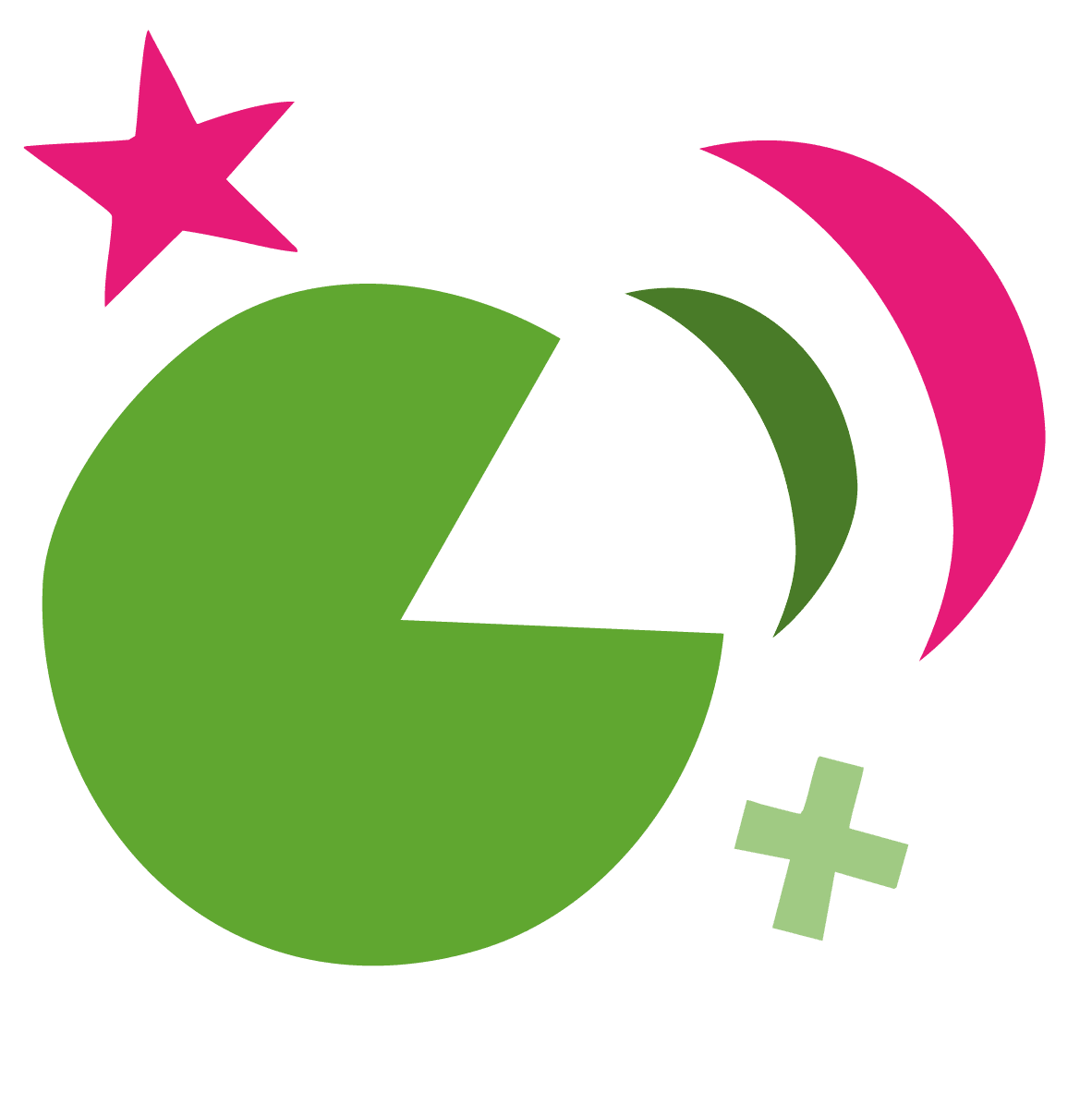 A large green circle with a cut out like an open mouth, with dark green and pink sound arcs, and pink and green symbols.