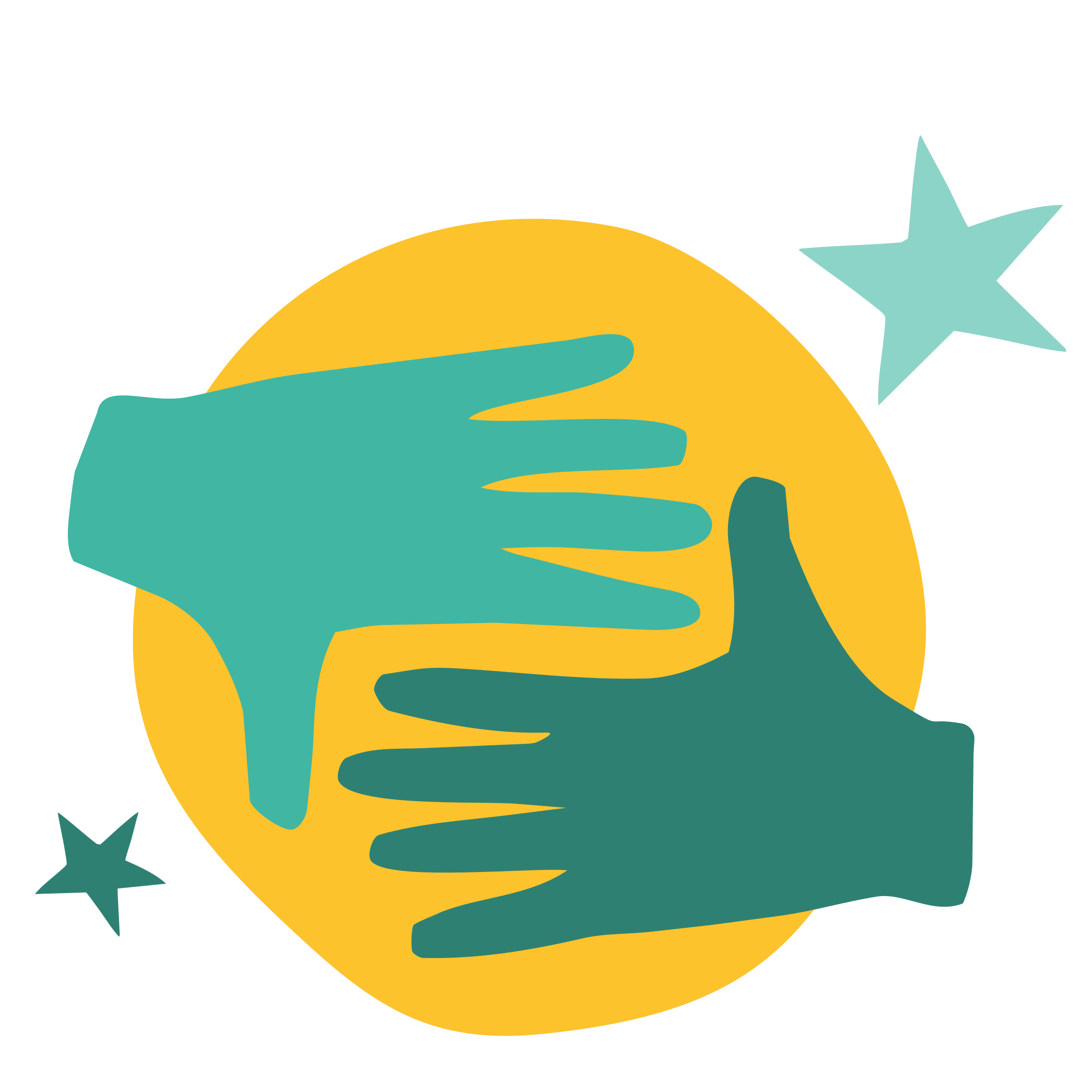 Two overlapping hands, teal and dark teal, reaching in from opposite sides in front of a large yellow circle.