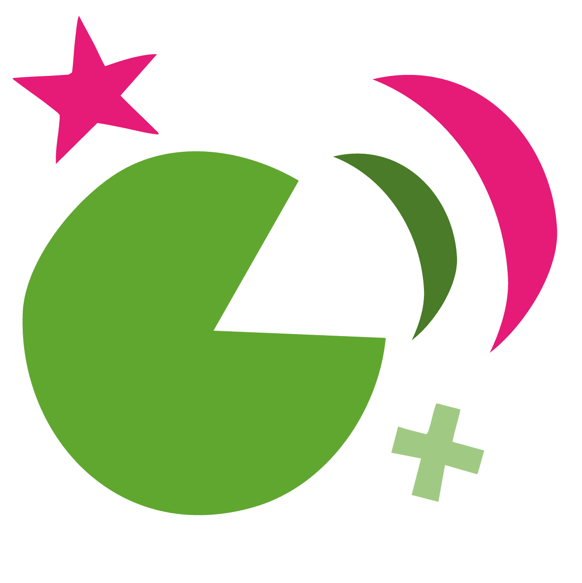 A large green circle with a cut out like an open mouth, with dark green and pink sound arcs, and pink and green symbols.