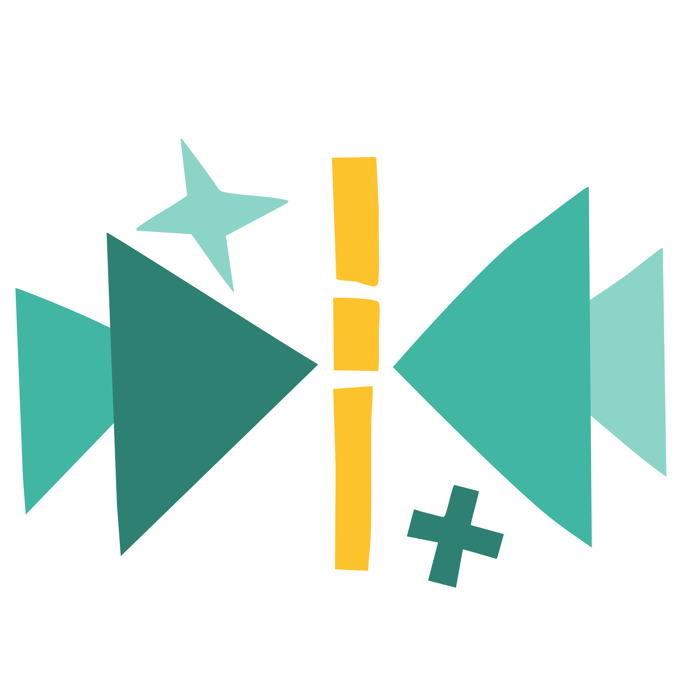 Two pairs of overlapping triangles in dark teal, teal and pale teal point towards each other across a dashed yellow line, with a pale teal star and a dark teal plus sign.