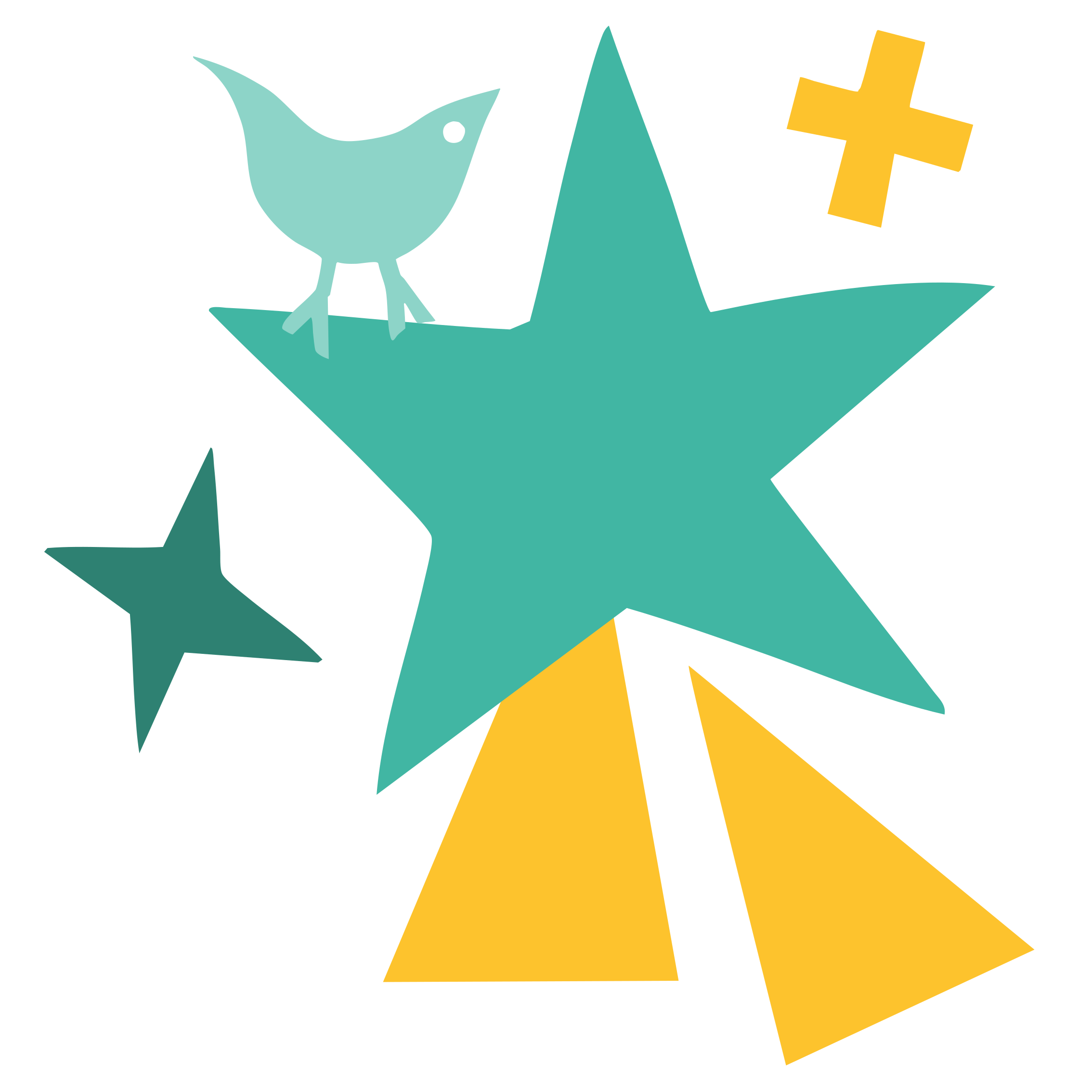 A large teal star with a small pale teal bird perched on it, two yellow shards beneath, a dark teal sparkle and a yellow sparkle.