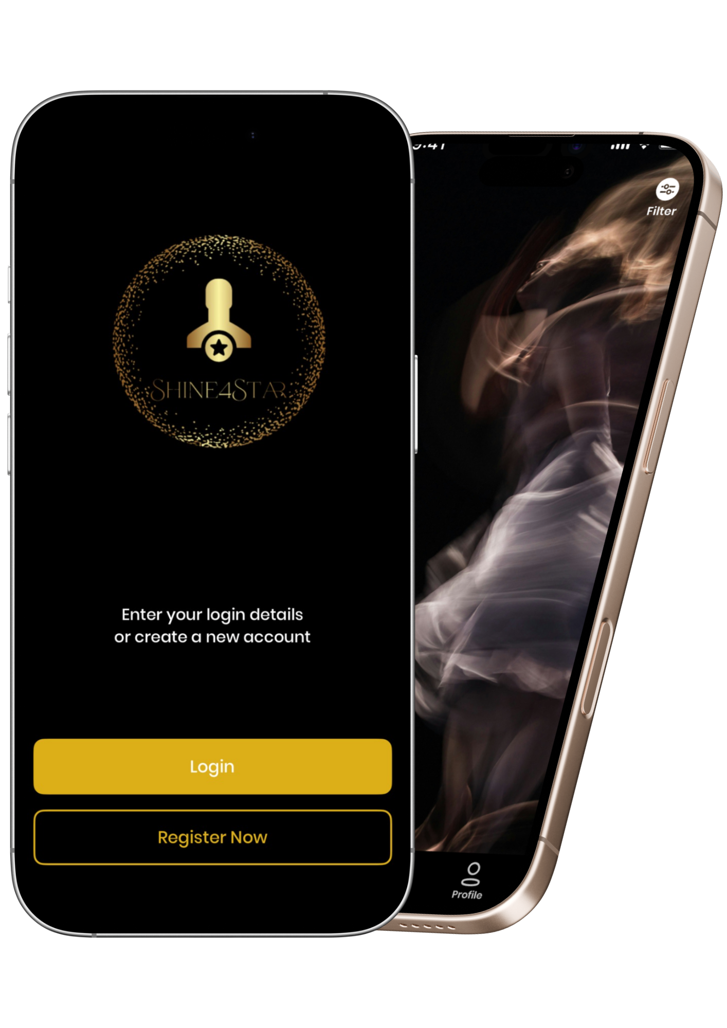 Smartphone-Display zeigt eine Anmeldeseite mit einem goldenen Logo, das eine Person mit Stern im Herzen darstellt, und den Text 'SHINE4STAR'. Darunter befindet sich die Eingabemaske für Login-Daten, mit Schaltflächen für 'Login' und 'Register Now' auf schwarzem Hintergrund.