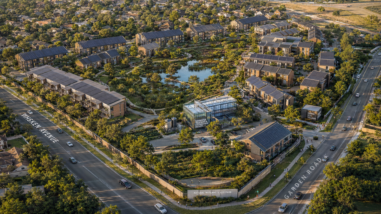 Aerial view of a residential community with homes, a pond, green spaces, walking paths, and solar panels on rooftops, bordered by streets and surrounded by trees and neighborhood streets.