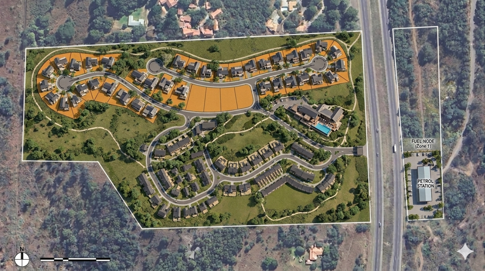 A detailed layout of a residential housing development with multiple houses, roads, a swimming pool, a petrol station, and a fuel node. The development is surrounded by trees and natural landscape.