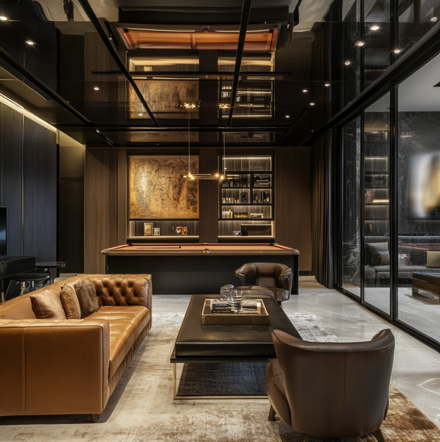 Luxurious modern living room with leather furniture, a pool table, and large glass walls.