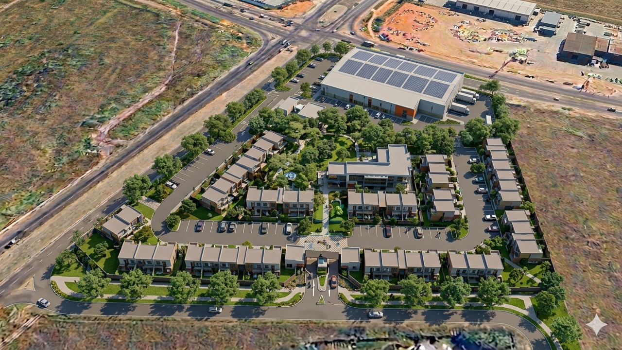 Aerial view of a residential complex with townhouses, apartment buildings, green spaces, and parking lot, near an industrial area and street with traffic.