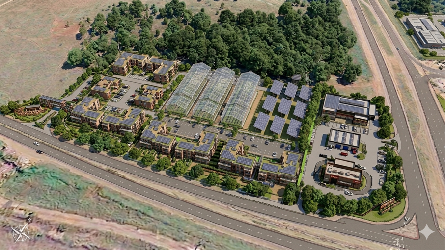 A proposed mixed-use development with residential buildings, greenhouses, solar panels, and commercial stores, surrounded by trees and parking areas.
