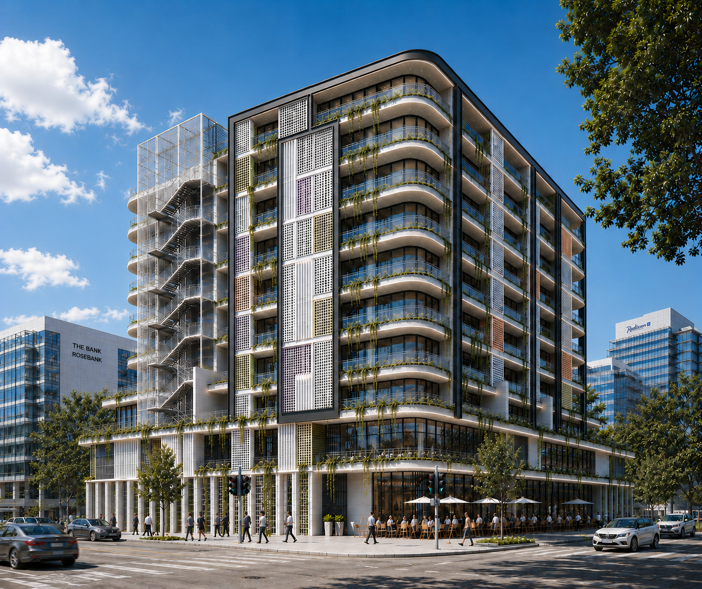 Modern multi-story building with glass balconies and decorative panels, surrounded by trees, with pedestrians crossing the street and cars parked and driving nearby.