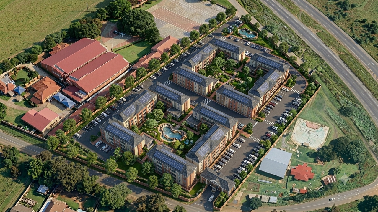 Aerial view of a residential apartment complex with solar panels on the rooftops, surrounded by parking lots, green spaces, and nearby roads.
