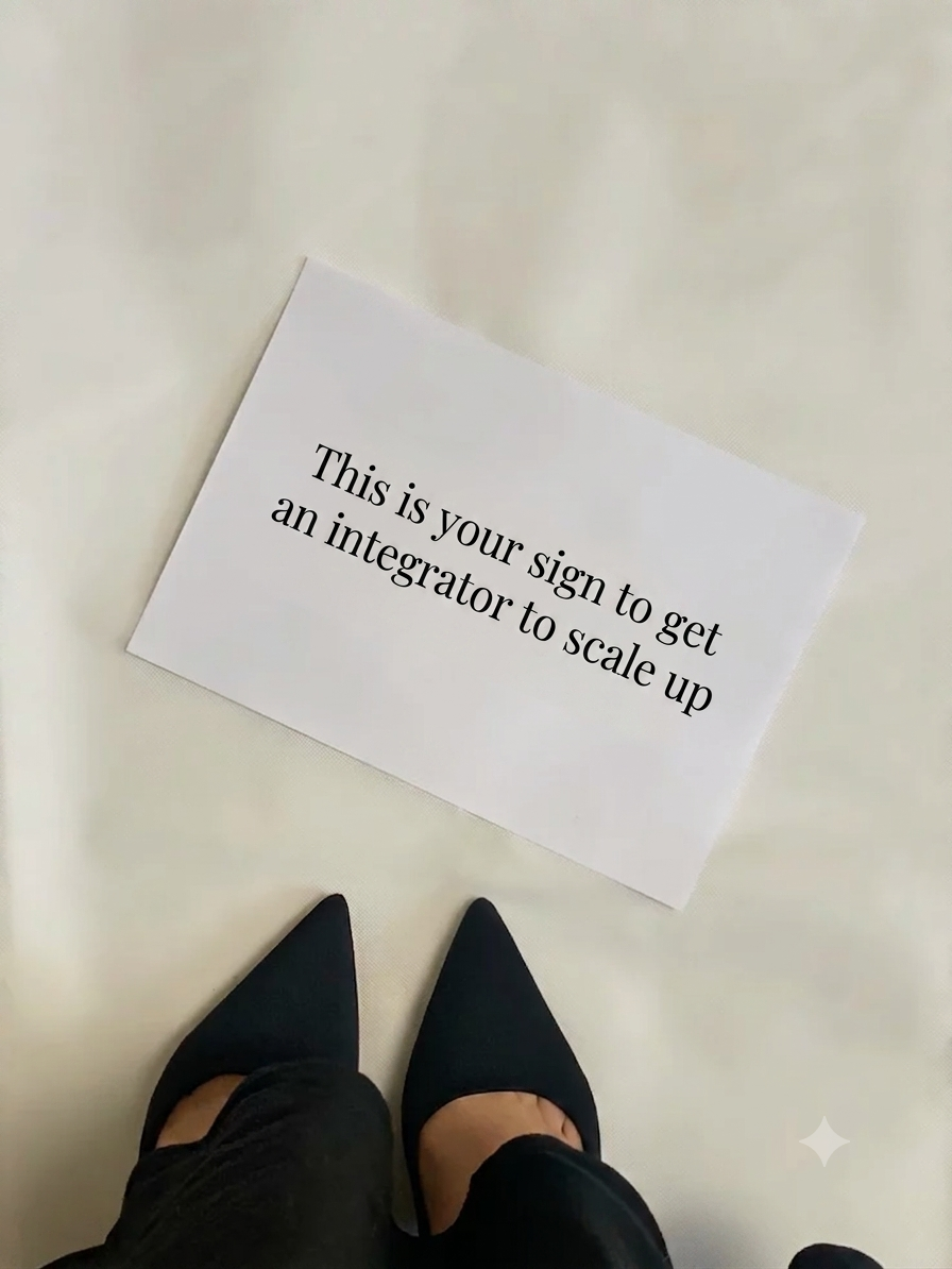 A sign on the floor that says, 'This is your sign to get an integrator to scale up.'