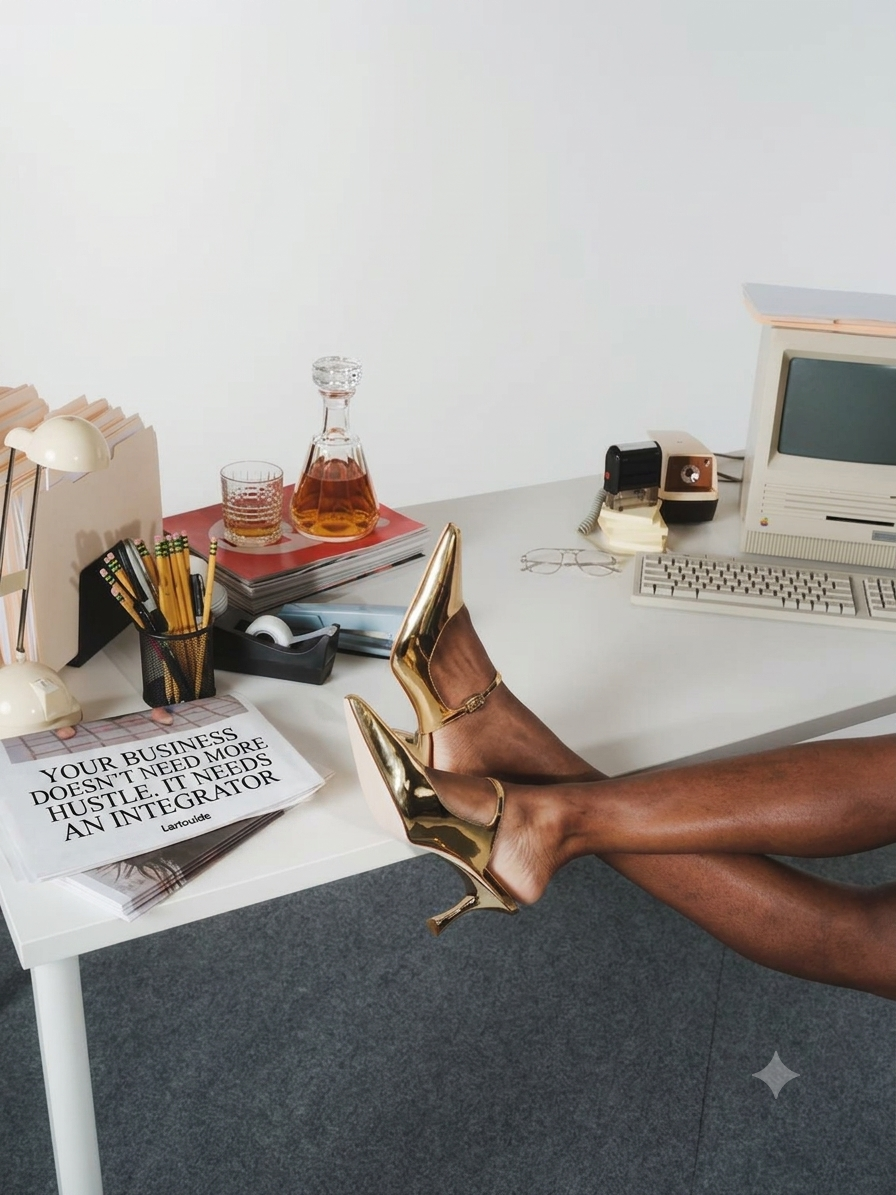 Person's legs in gold high heels resting on a white office desk with various office supplies, a computer, and a glass decanter with amber liquid.