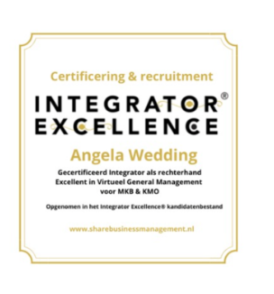 Certificate of excellence awarded to Angela Wedding for integrator and recruitment, issued by sharebusinessmanagement.nl