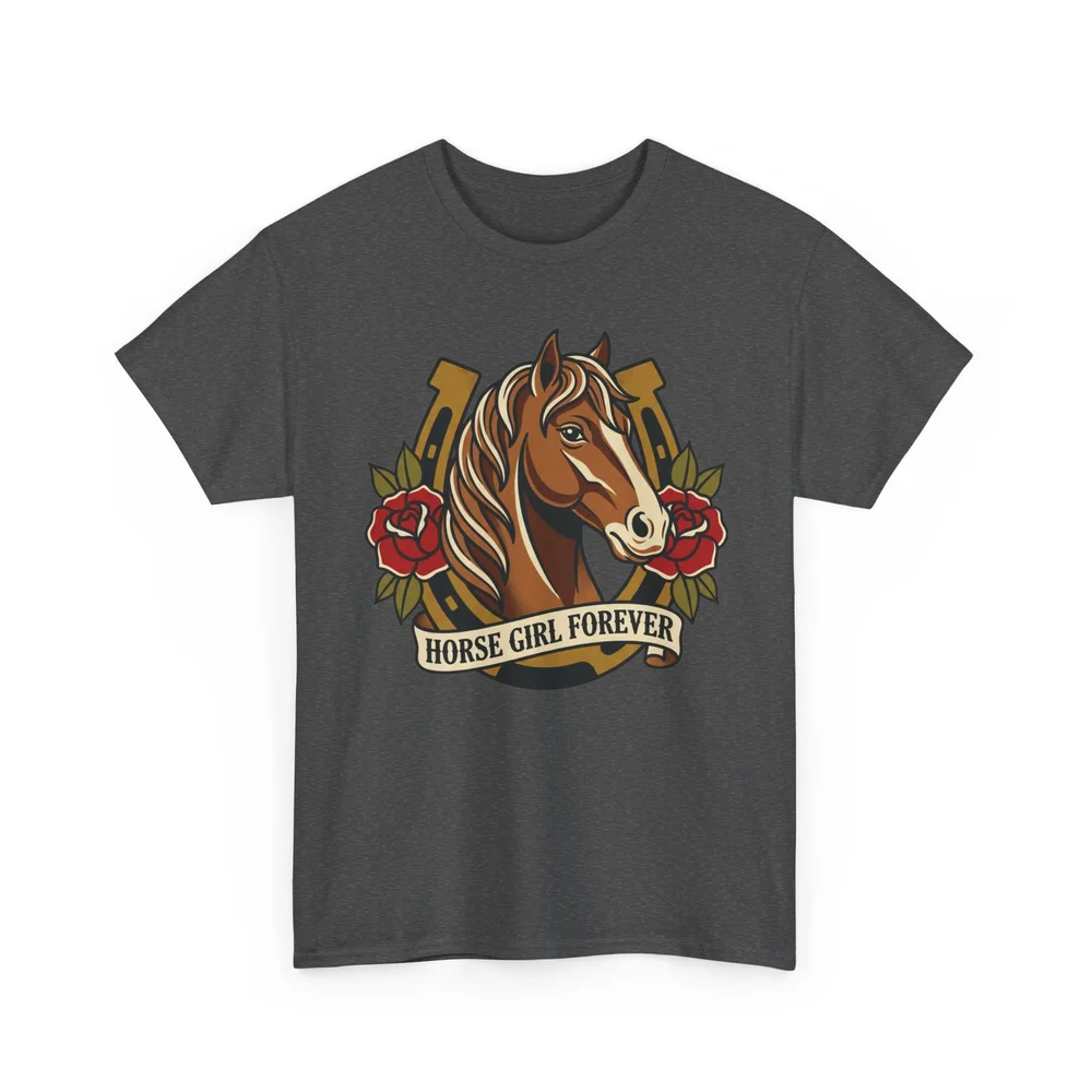 Horse Girl Forever graphic T-shirt featuring a horse and roses