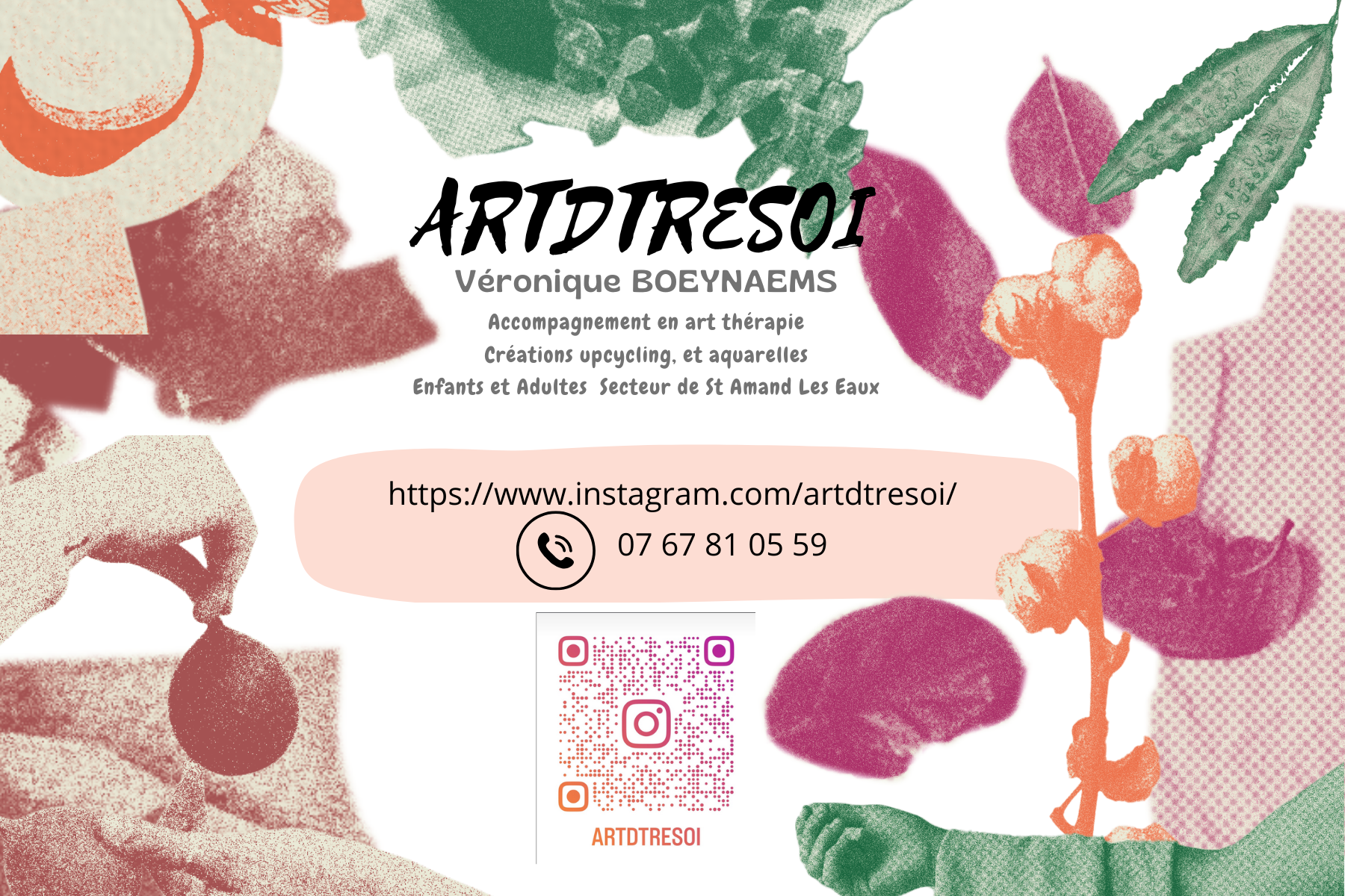 Carte de visite présentant des créations artistiques en upcycling et aquarelles faites par Véronique BOEYNAEMS, avec informations de contact, lien Instagram, et code QR, décorée avec des illustrations de fruits et feuilles colorées.