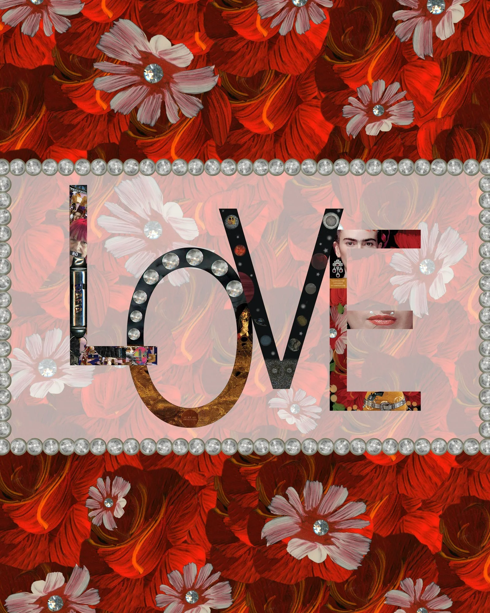 An ornate decorative frame with a background of red and pink flower petals, accented with scattered rhinestones and a large collage-style word 'LOVE' in the center, filled with images of various artistic subjects.