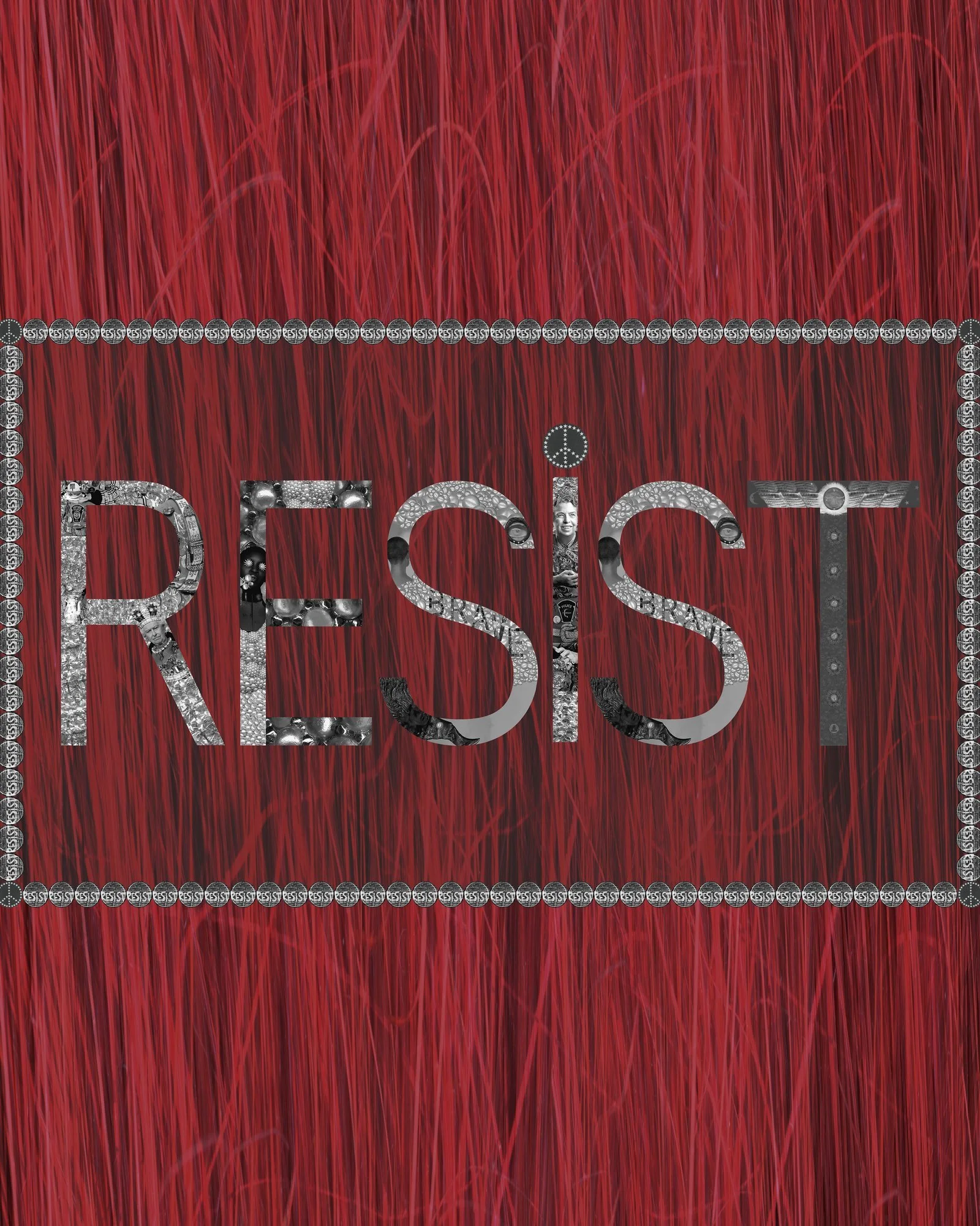 The image features the text 'Resist' and 'Resist' in a pattern, with the word 'Resist' at the bottom, set against a textured red background with a grassy appearance.