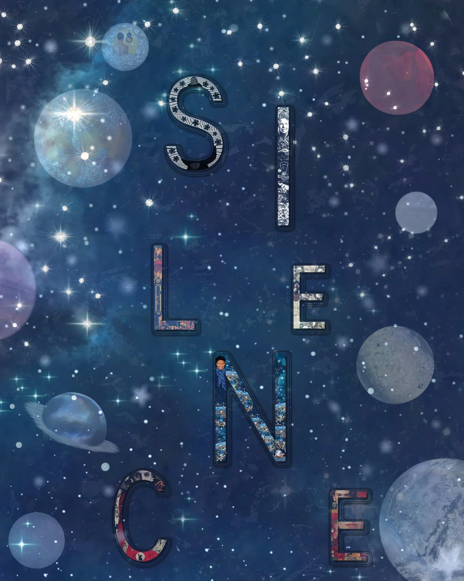 The image features the word DESIRE spelled out vertically with the letters lined up from top to bottom. The background depicts a starry night sky with celestial bodies and planets. Inside the letters, there are various images, including landscapes, people, and artwork, creating a collage effect.