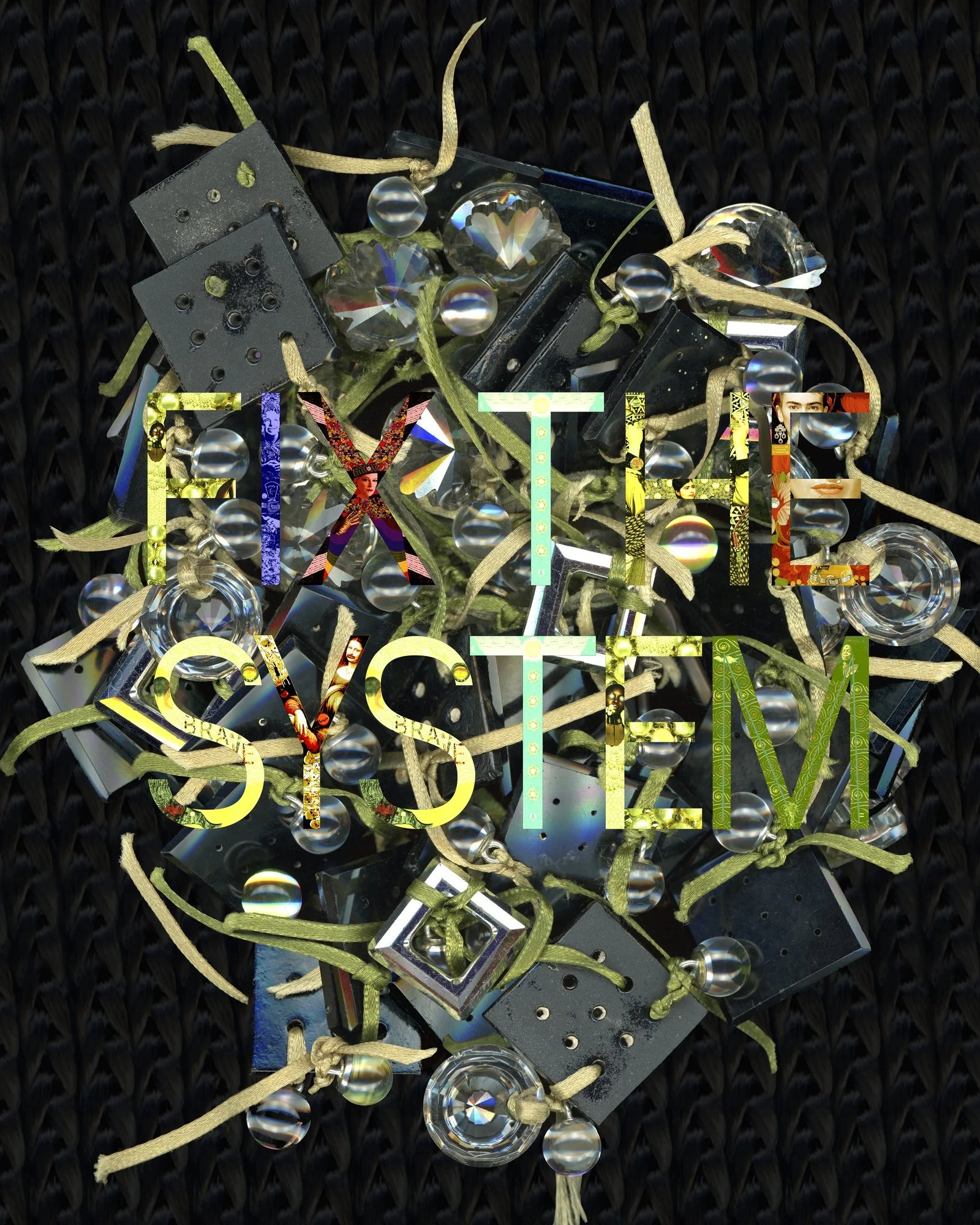 An assortment of decorative rhinestones, ribbons, and black plastic pieces arranged on a black textured surface, with the word 'EXCLUSIVE' spelled out in colorful, patterned letters over the objects.