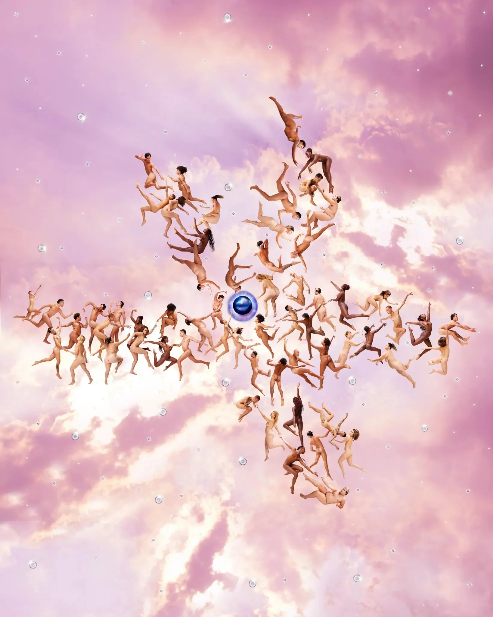 Tree of Human Life, by Myra Fiori for the Louis Vuitton bicentennial: a cross of suspended bodies against a pink sky with a blue planet at its center