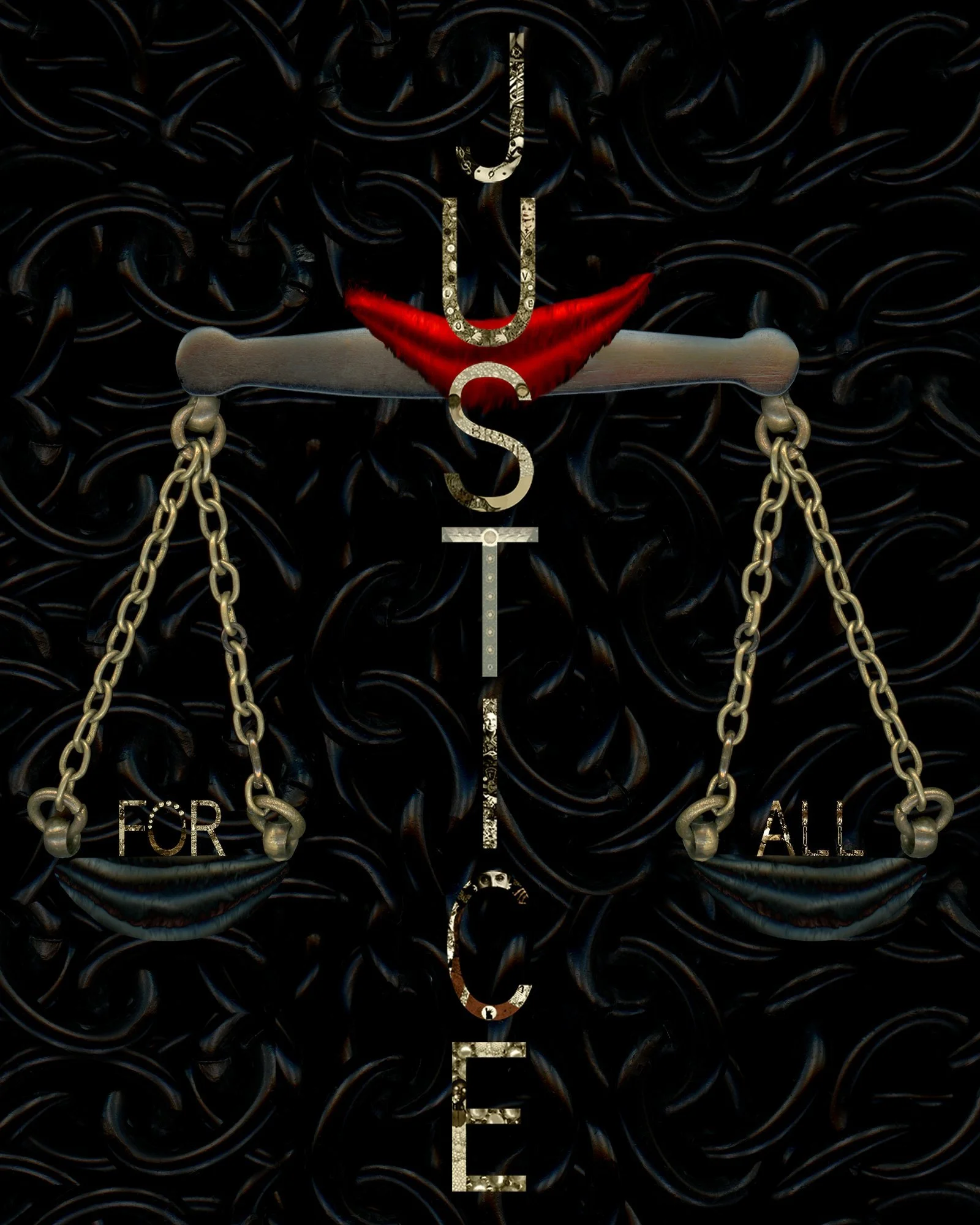 A decorative wall with the words 'JUST' and 'FOR ALL' written in metal letters, over a black background with chain-link patterns. The words 'JUST' and 'ALL' are at the top and bottom, respectively, with 'FOR' in the middle.