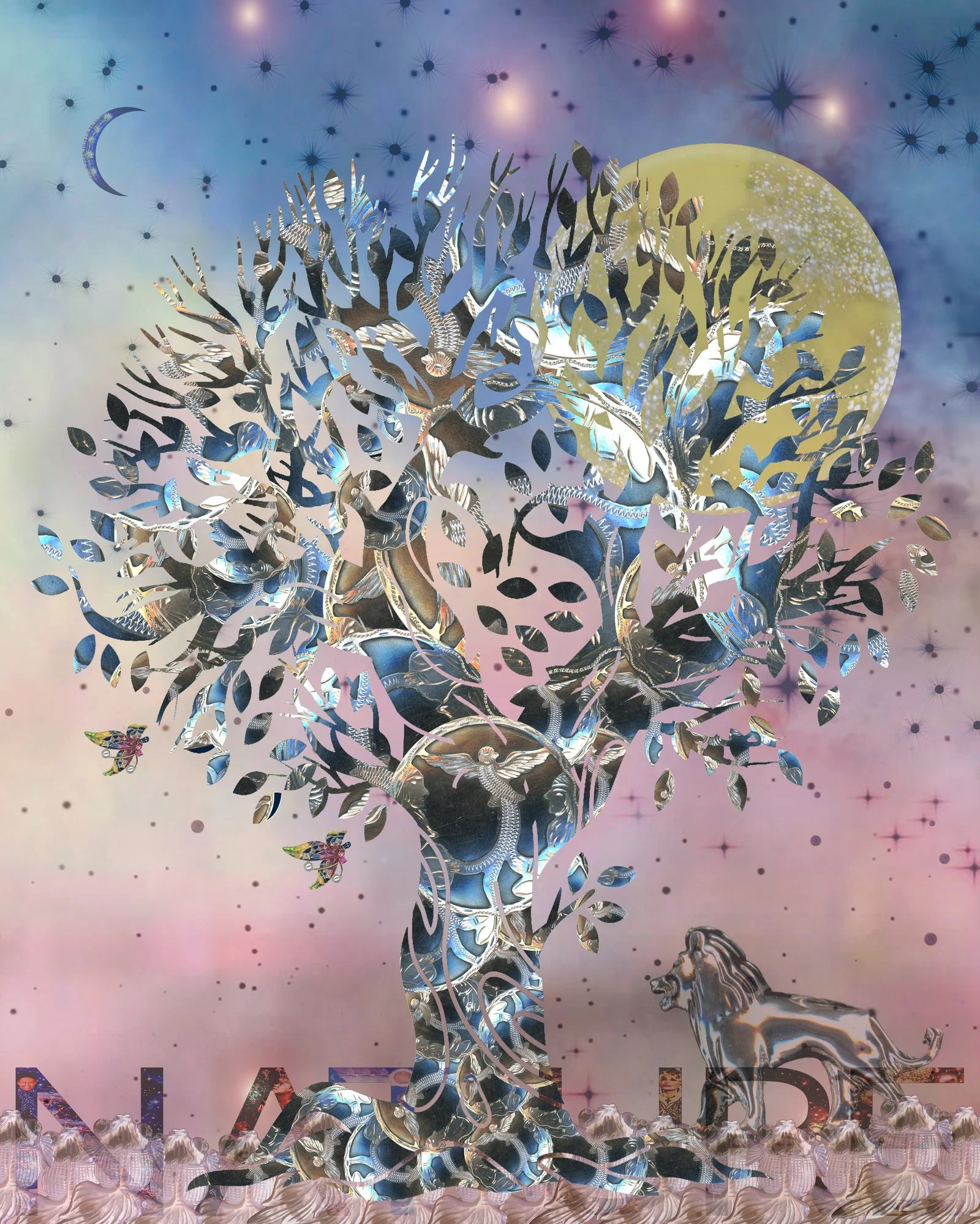 Artistic image of a lion's head with a mane made of layered, metallic, and patterned shapes, set against a dreamy, pastel-colored background with stars and crescent moon.