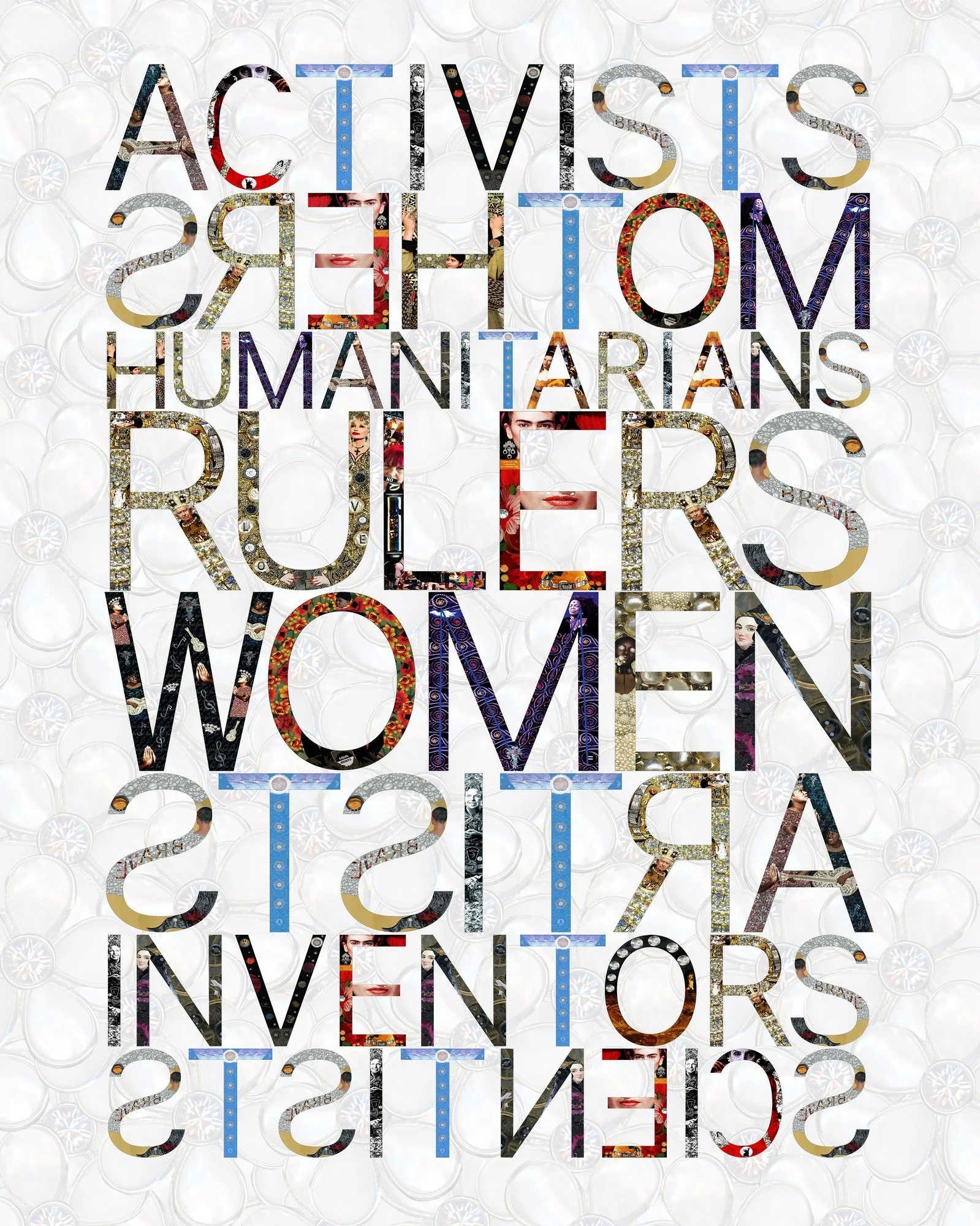 Collage of words such as 'Activists,' 'Social,' 'Love,' 'Humanitarian,' 'Power,' 'Voices,' 'Brave,' and 'Voice' in various colors and patterns, with a background of a pattern of clear glass or crystal circles.