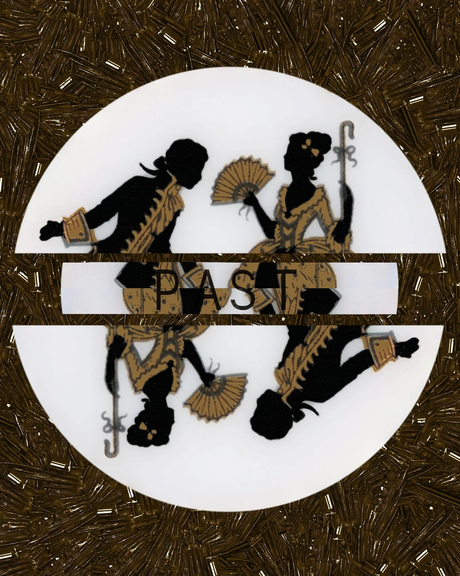 A decorative round ornament featuring black silhouettes of a man and woman in traditional attire, with the woman holding a fan and the man holding a staff, overlaid with the words "PAST" in black on a semi-transparent strip, all set against a textured gold background.