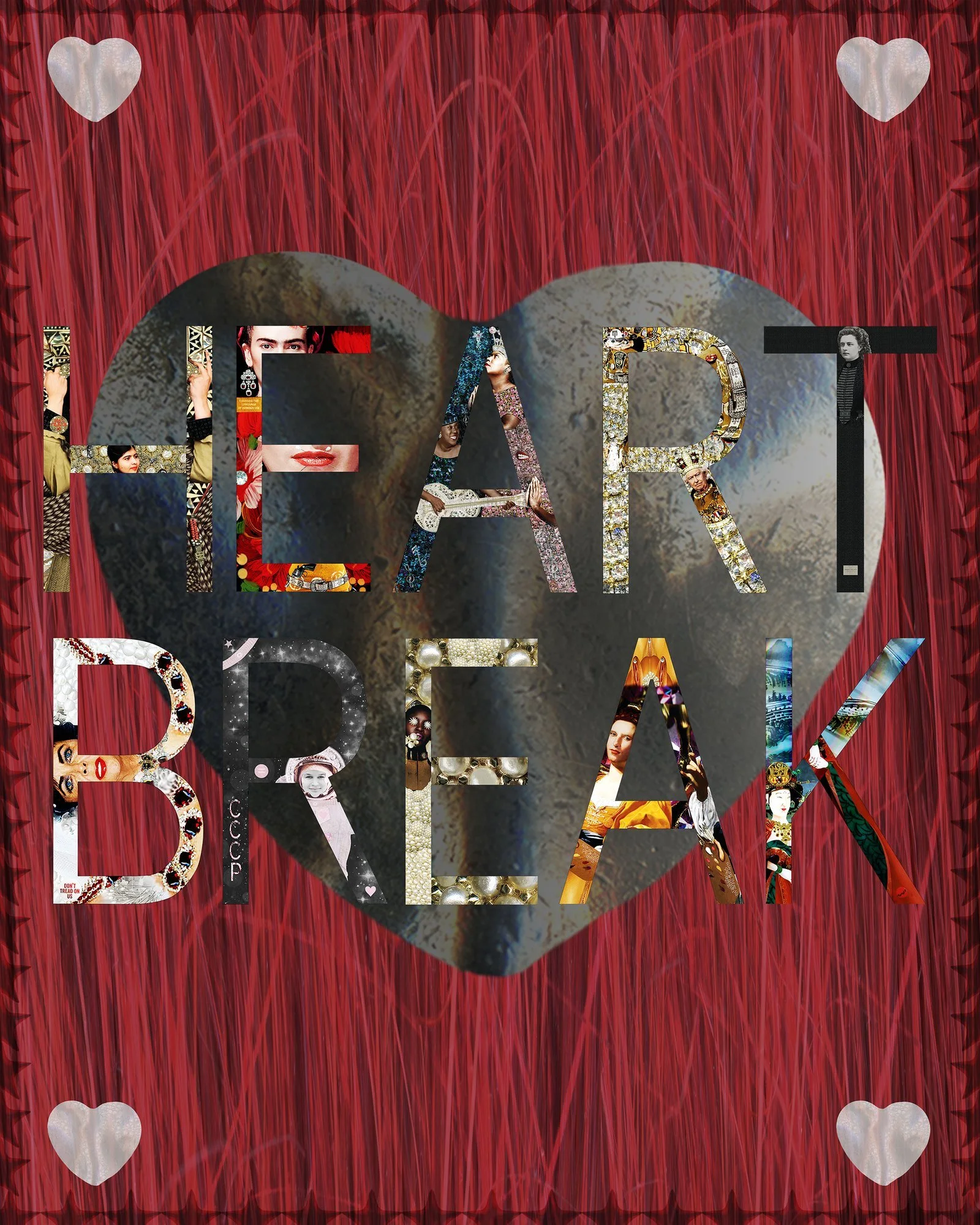 A large heart shape with the word "LOVE" spelled across it in decorated letters, set against a red background with a curtain and four smaller hearts in each corner.