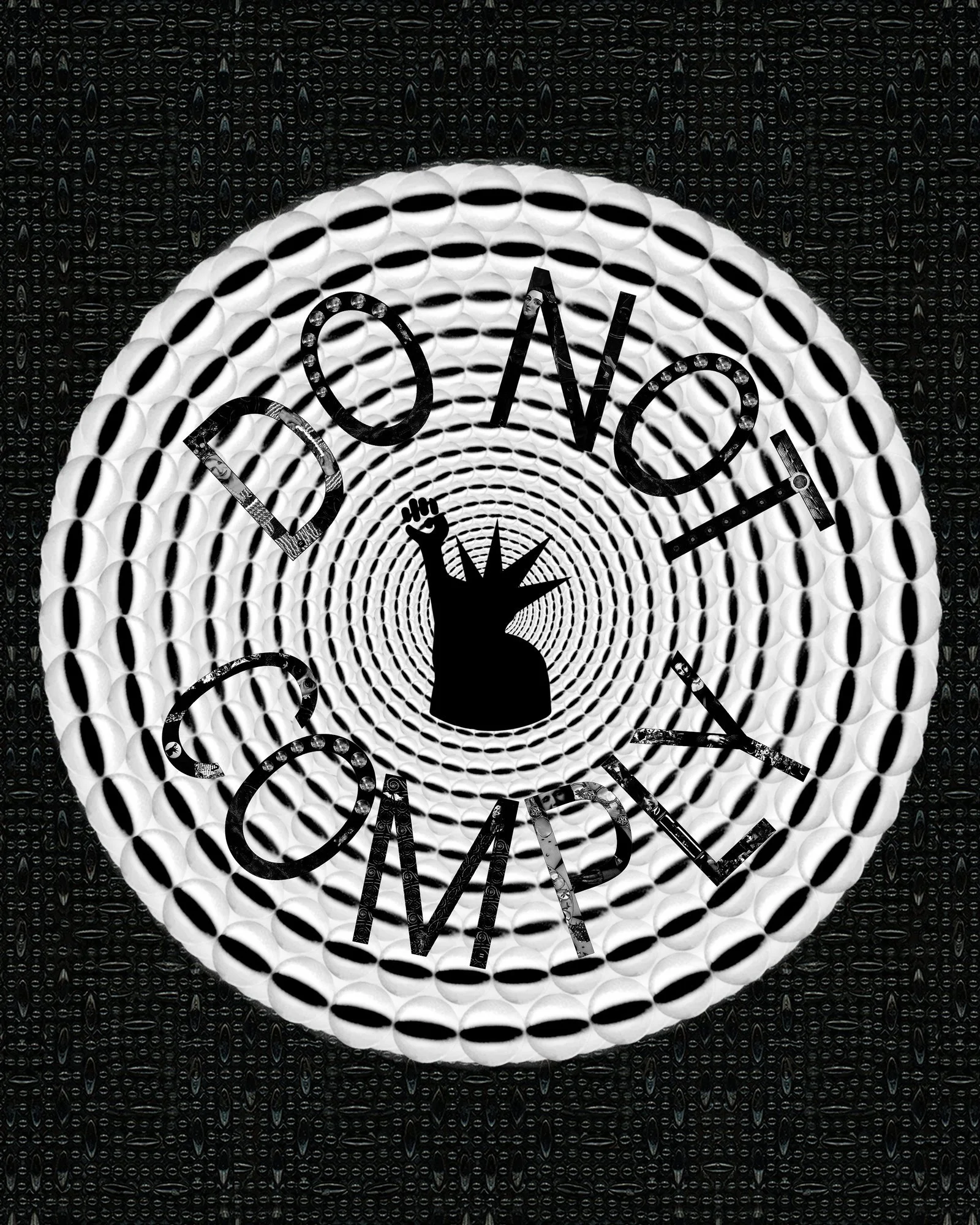 A reflective black and white sign with the words "GOD" and "LOVE" arranged within a spiral pattern of circular shapes, featuring a silhouette of the Statue of Liberty's head and torch at the bottom center.