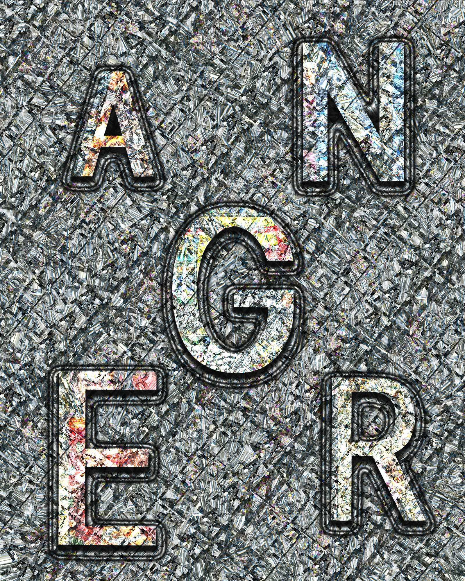 Digital mosaic of a burger and the words "A N O" outlined with a shiny metallic effect, with a background of intricate, colorful crushed foil pattern.