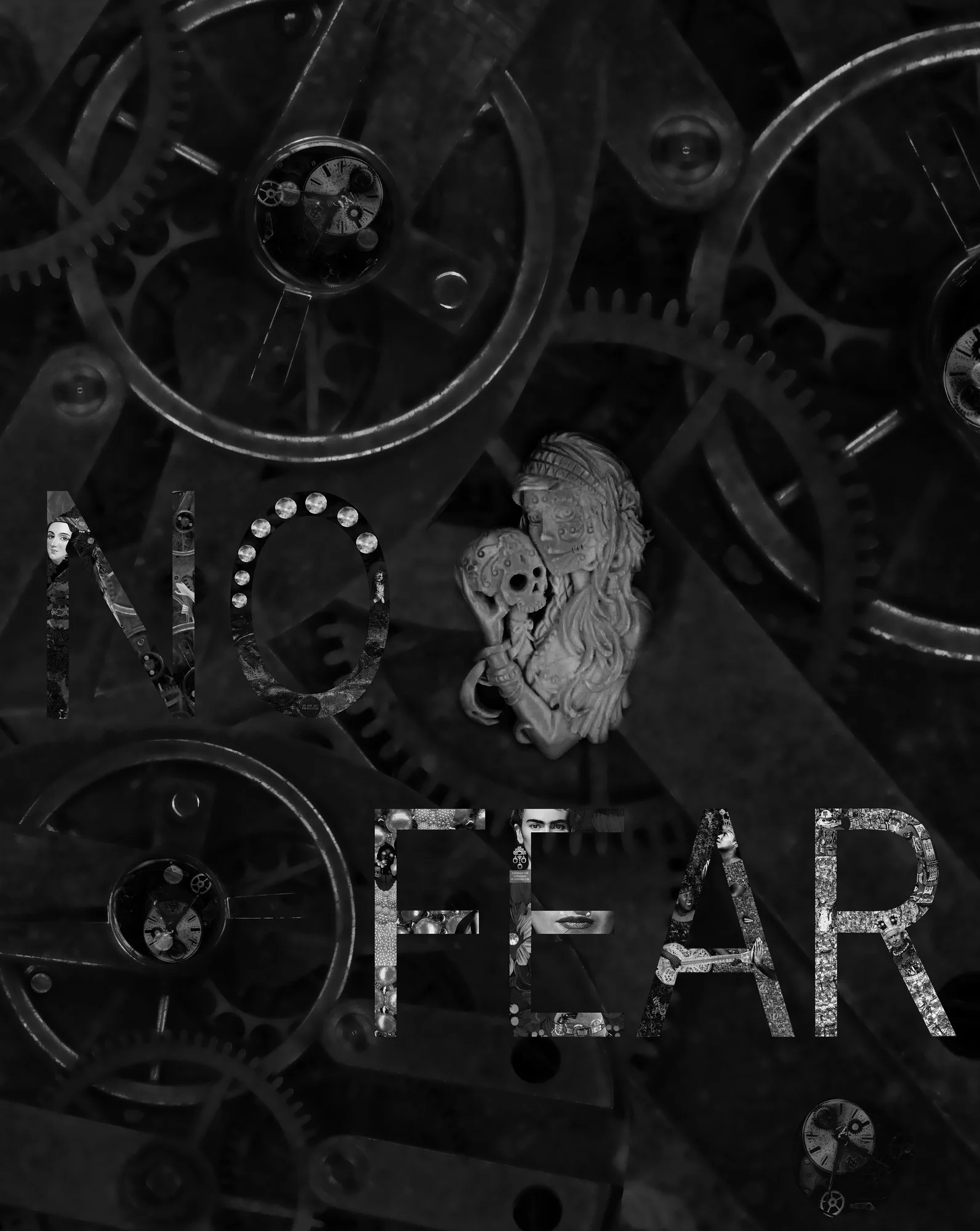 A collage of watch gears, mechanisms, and skull figurines with the word 'LOVE' spelled out in large, cut-out letters filled with various images.