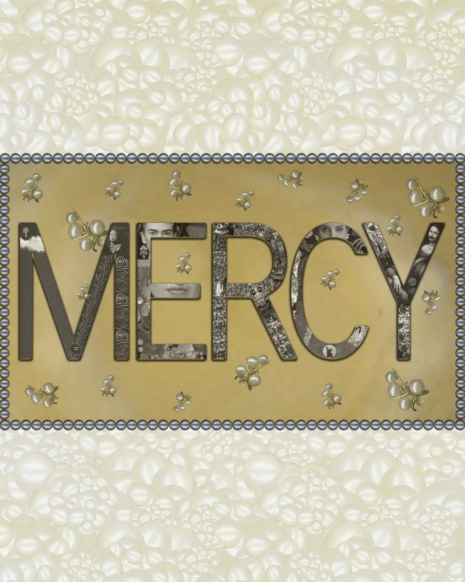 Close-up of a decorative sign with the word "MERCI" in black letters filled with black and white photographs, surrounded by white pearls and small gold butterflies, with a background of white pearls.