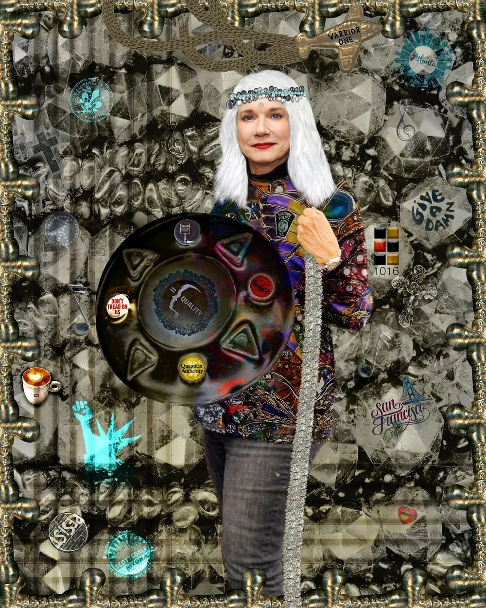 Portrait of Myra Fiori, layered digital collage made with the A Decorated Woman process, by Tina Varner