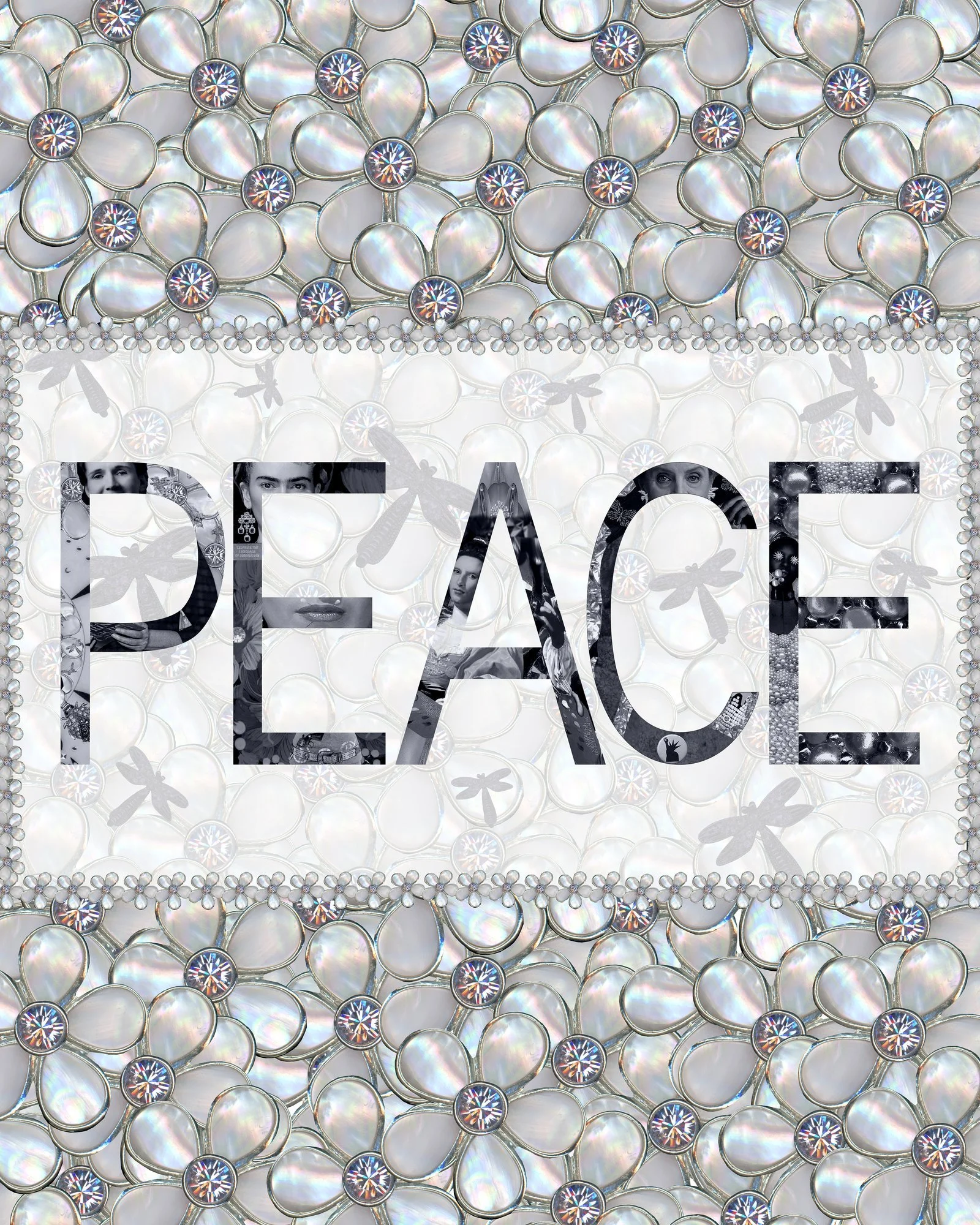 Close-up of a decorative display featuring multiple flower-shaped embellishments with pearl centers and rhinestone accents, with the word 'LOVE' spelled out using cutouts in the foreground, and a border of small pearl beads.