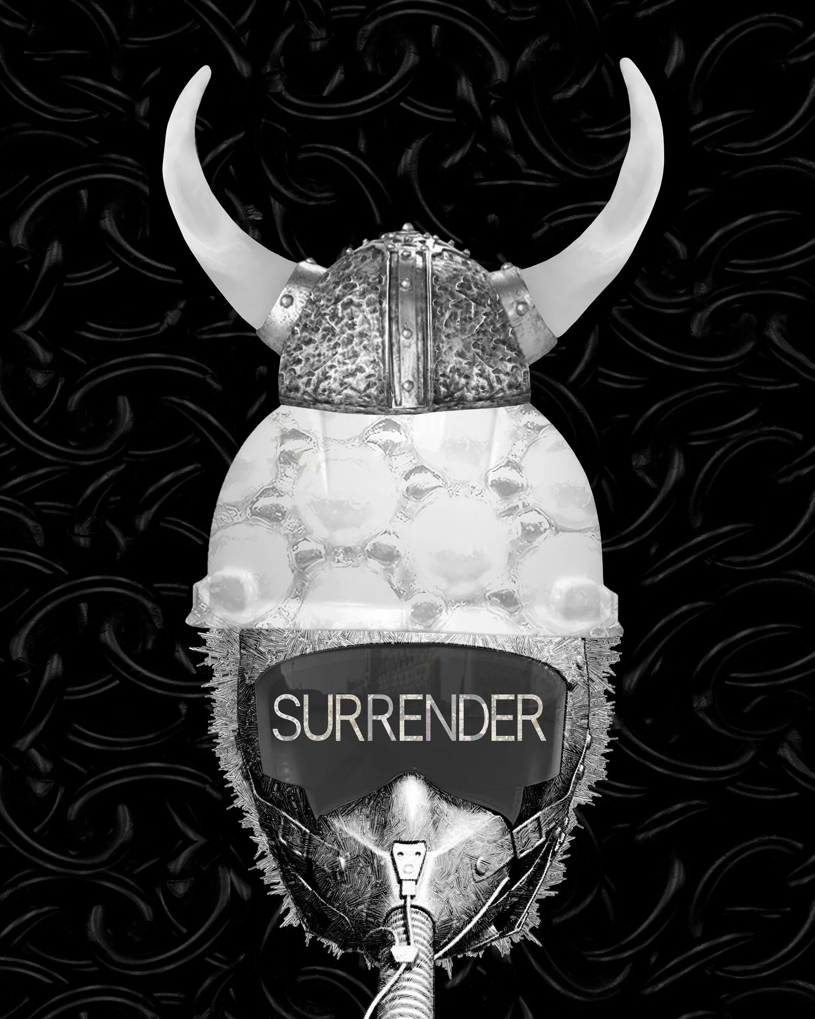 A black and white illustration of a skull with a Viking helmet and horns, with a banner across the skull reading "SURRENDER" in white letters.