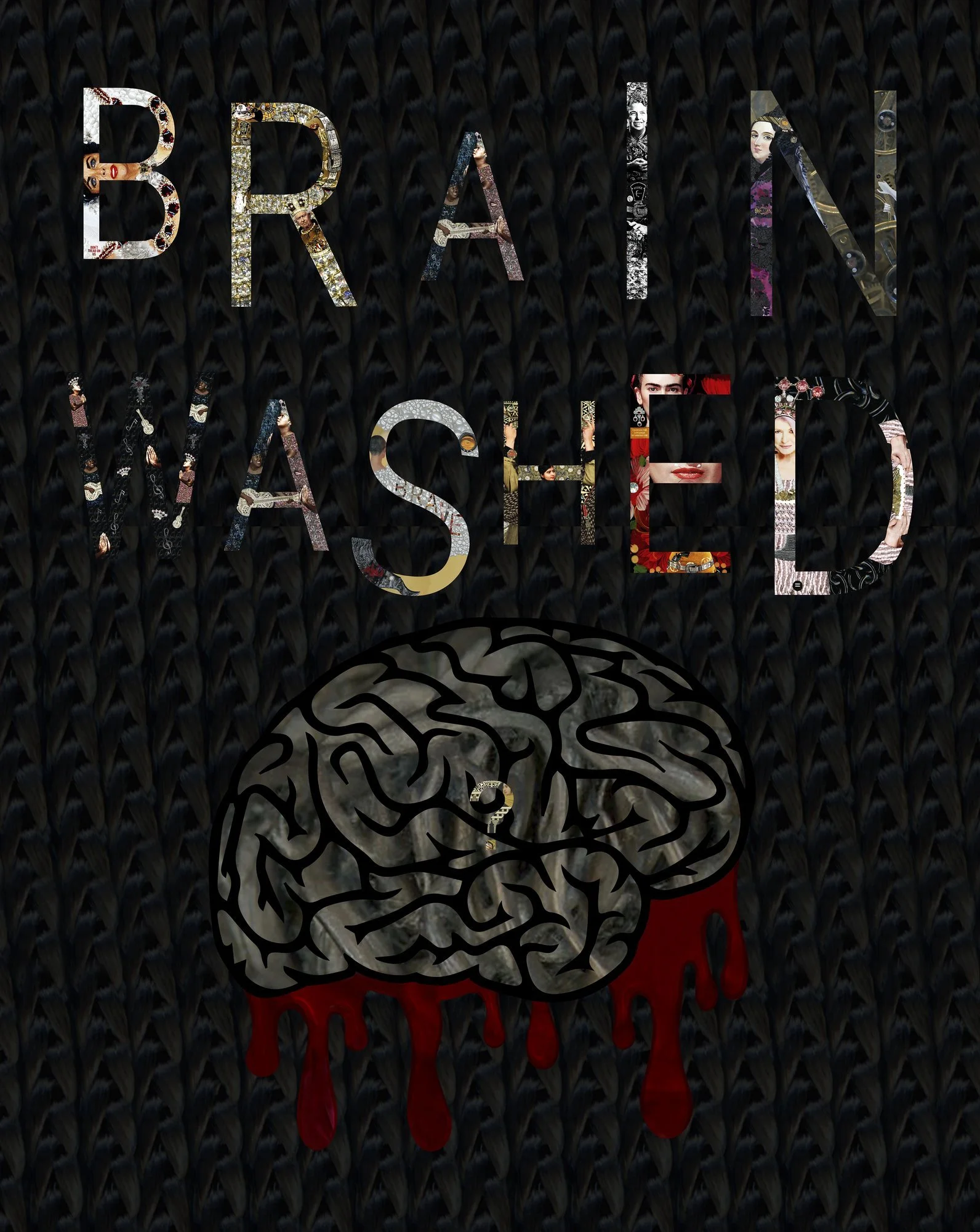 The image features the word 'BRAVO' at the top and 'NO' below, designed with a collage of various images of women dressed in traditional and cultural attire. Behind the text, there is a stylized black outline of a human brain with red dripping elements at the bottom.