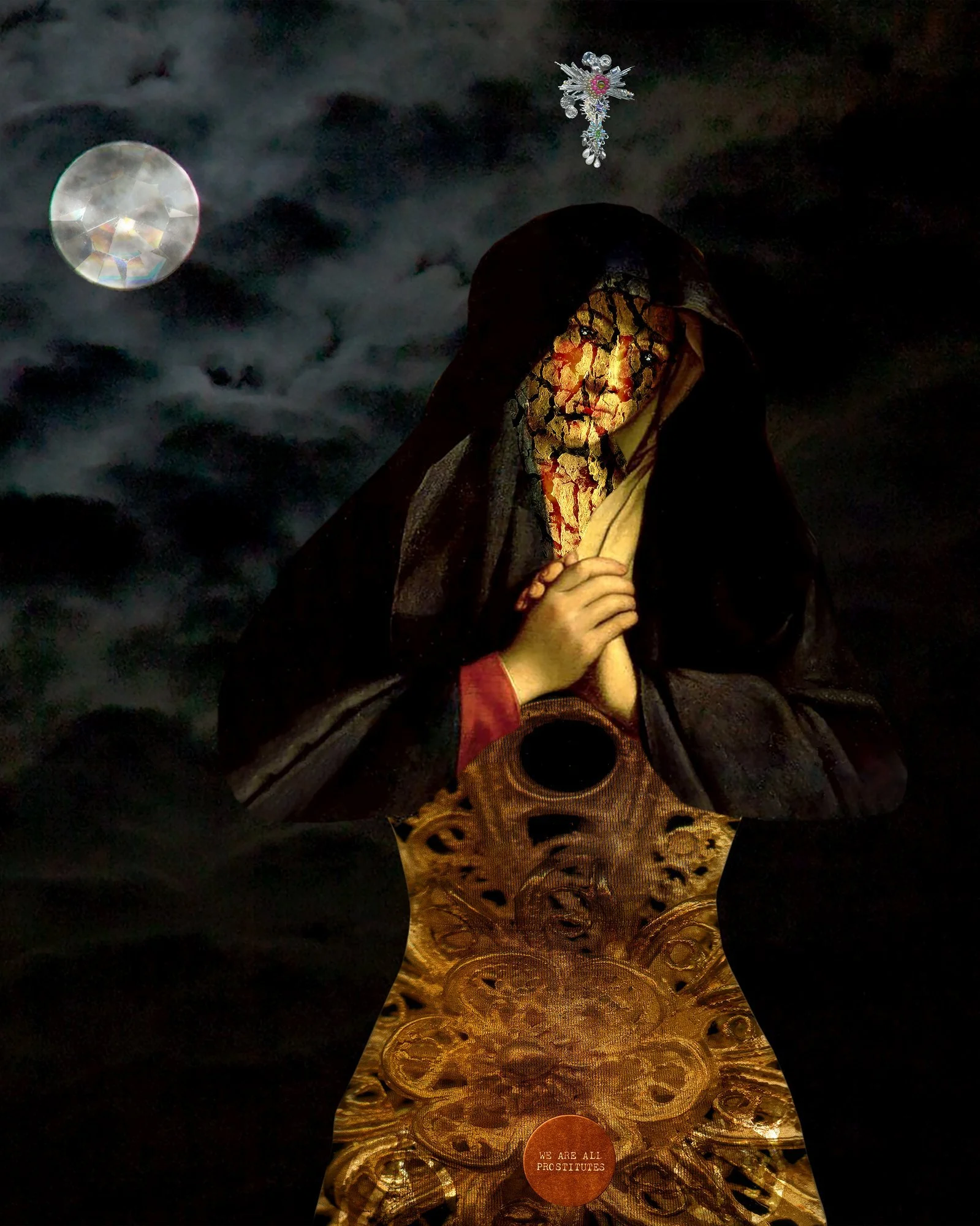 All For Silver, by Myra Fiori: the Mother Mary collage installed in Piazza Aragona, Palermo, for 20 Santi per la Città, 2021