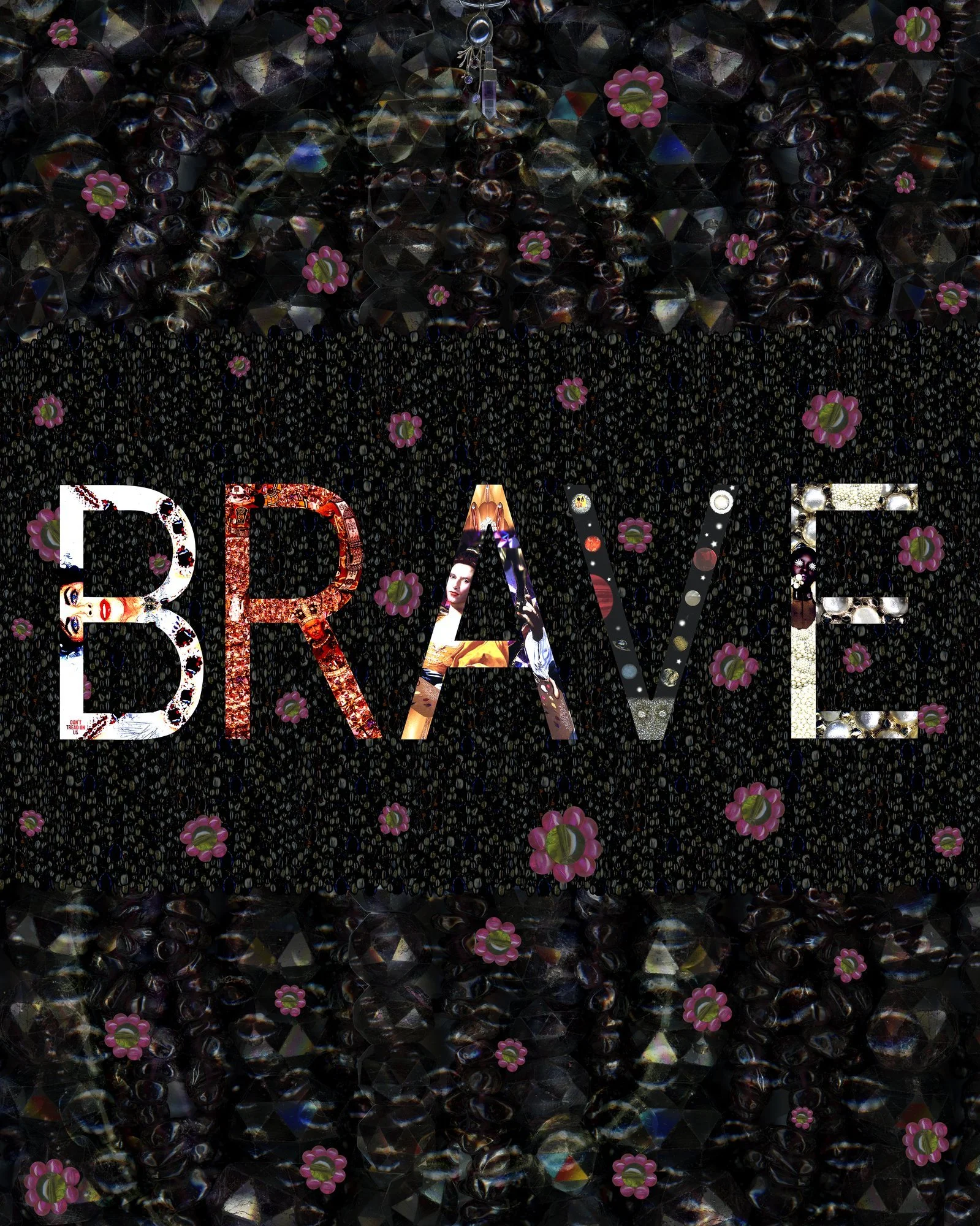 The image features the word "BREVITY" spelled out with large, colorful, pattern-filled letters on a black background decorated with pink flowers and shiny, reflective beads.