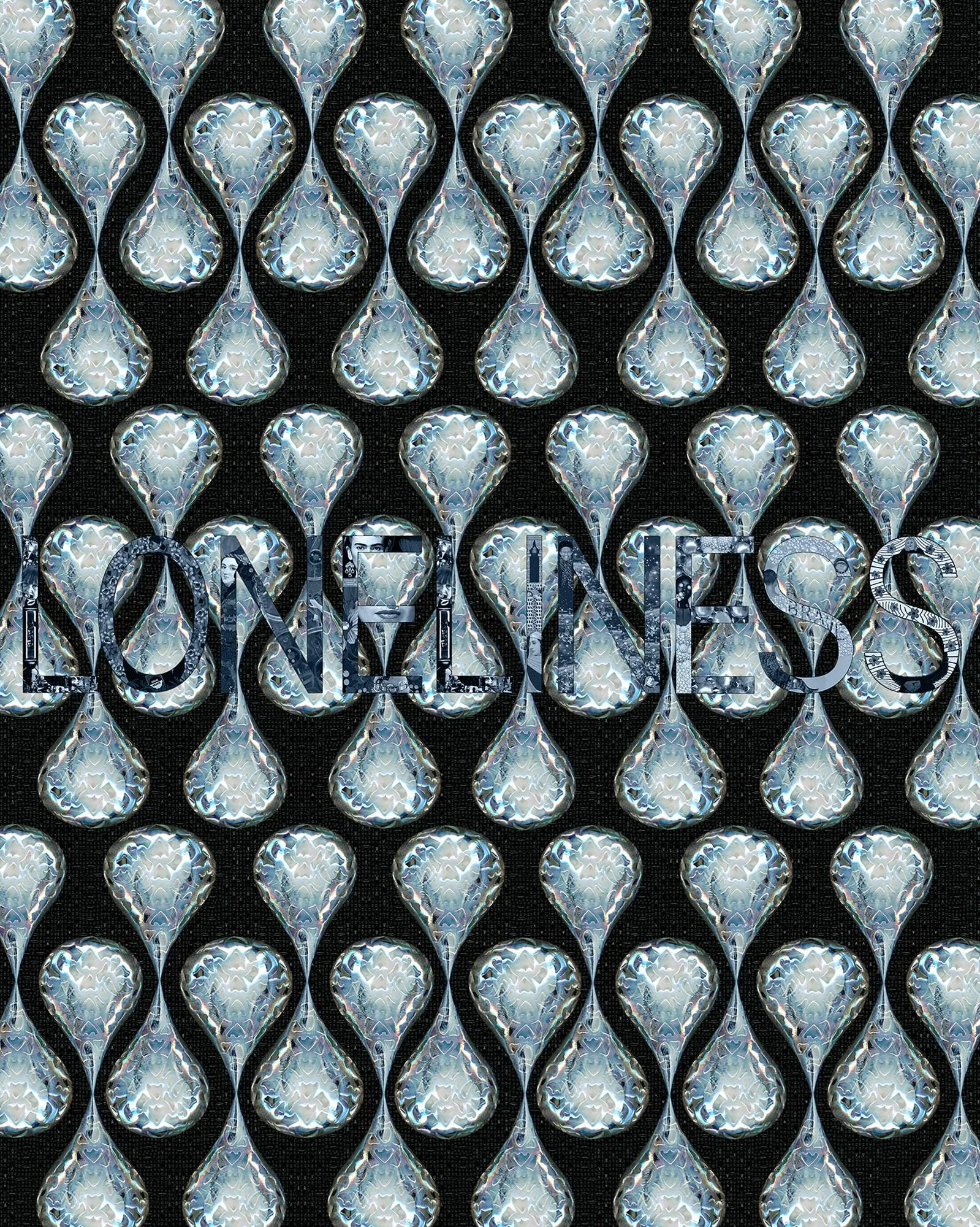 Pattern of tear-shaped and circular metallic or glass ornaments with intricate designs, arranged in vertical rows on a black background.