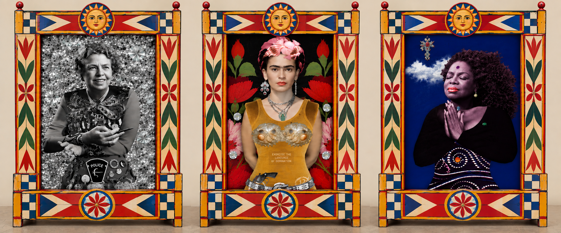 Breaking Myth, Manifesta 12, Palermo 2018: three collages by Myra Fiori of Eleanor Roosevelt, Frida Kahlo and Oprah Winfrey, each in a painted Sicilian-style frame with a sun at the top