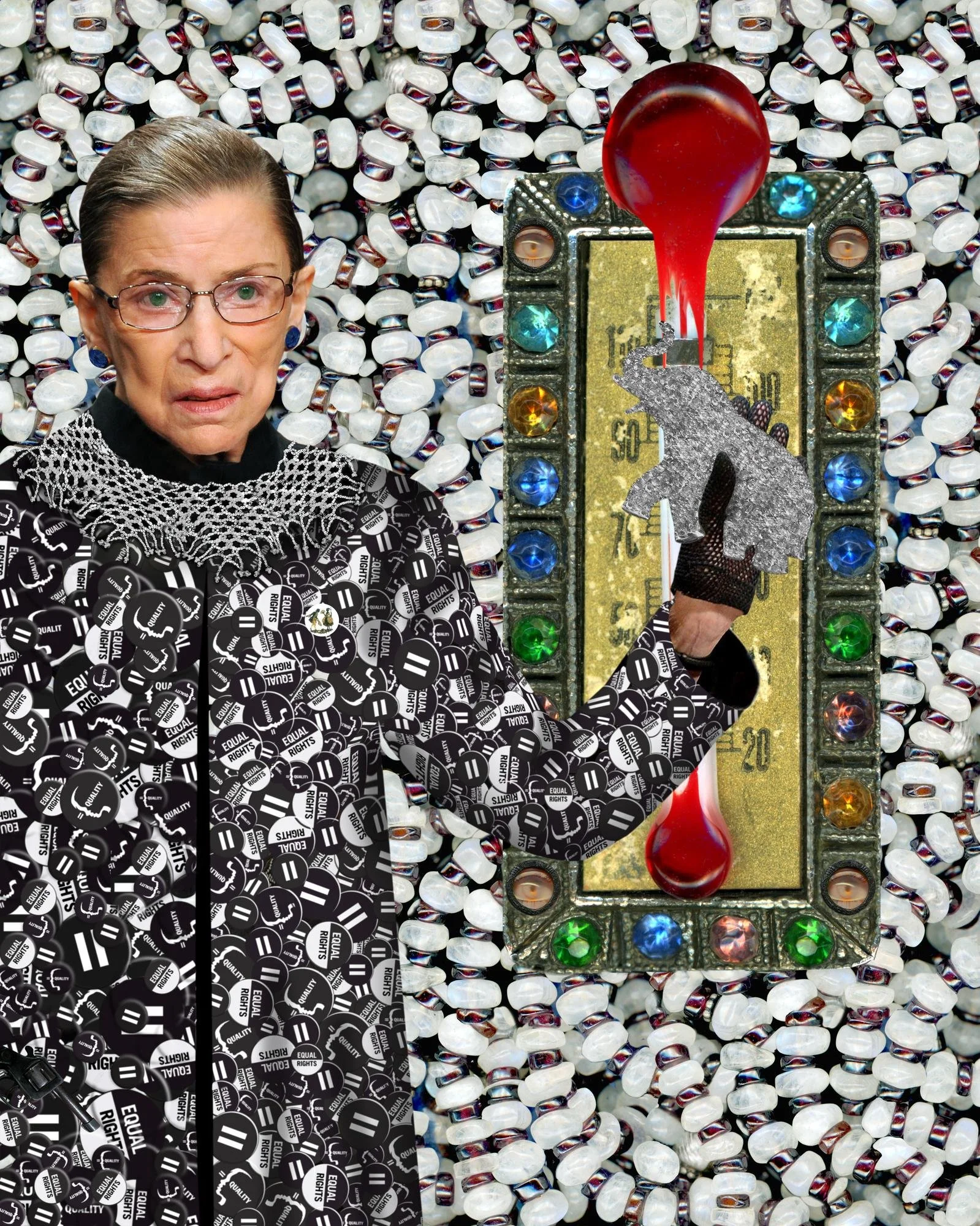 Supreme Dissent: Ruth Bader Ginsburg, layered digital collage by Myra Fiori