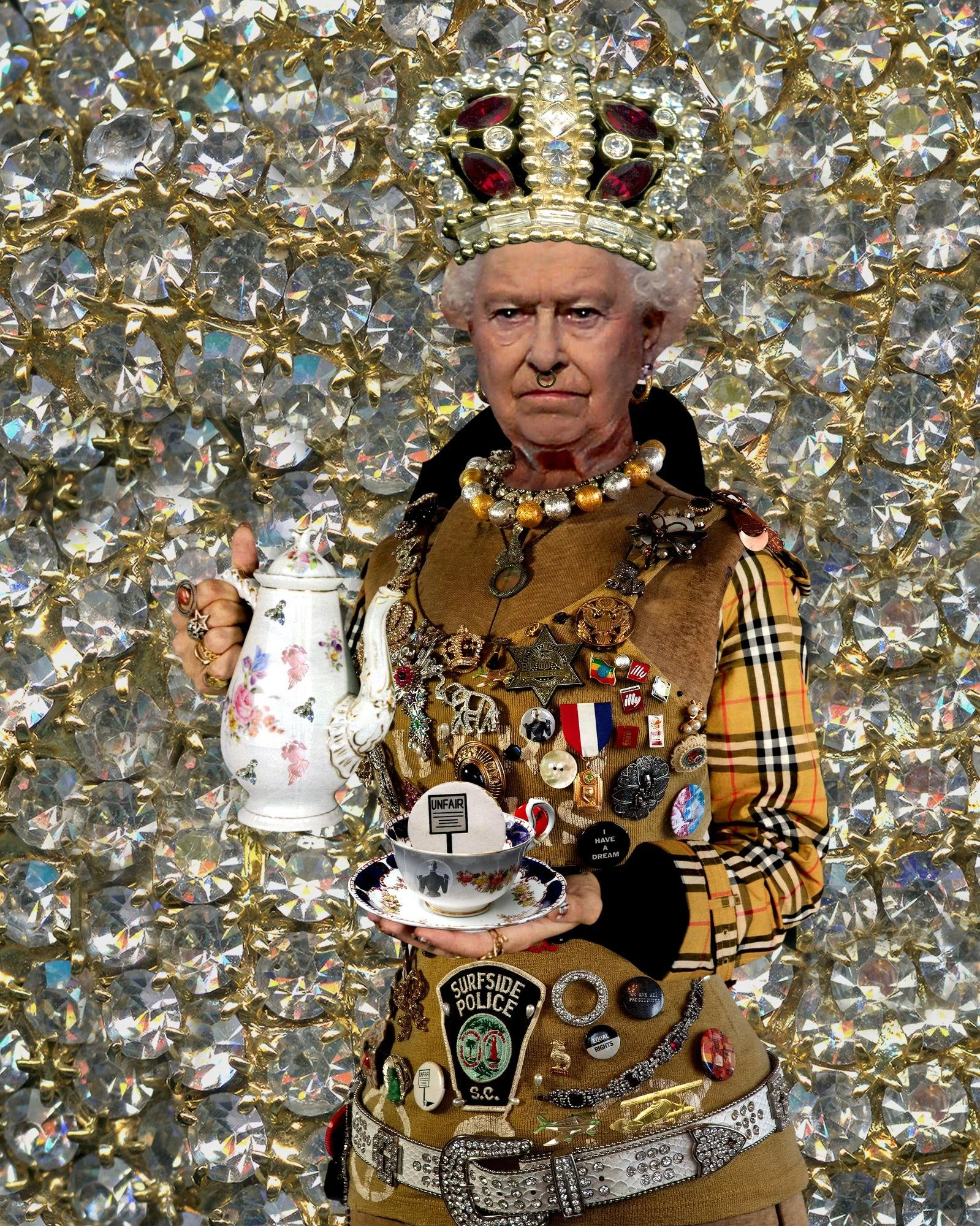 Not My Cup of Tea: Queen Elizabeth II, layered digital collage by Myra Fiori