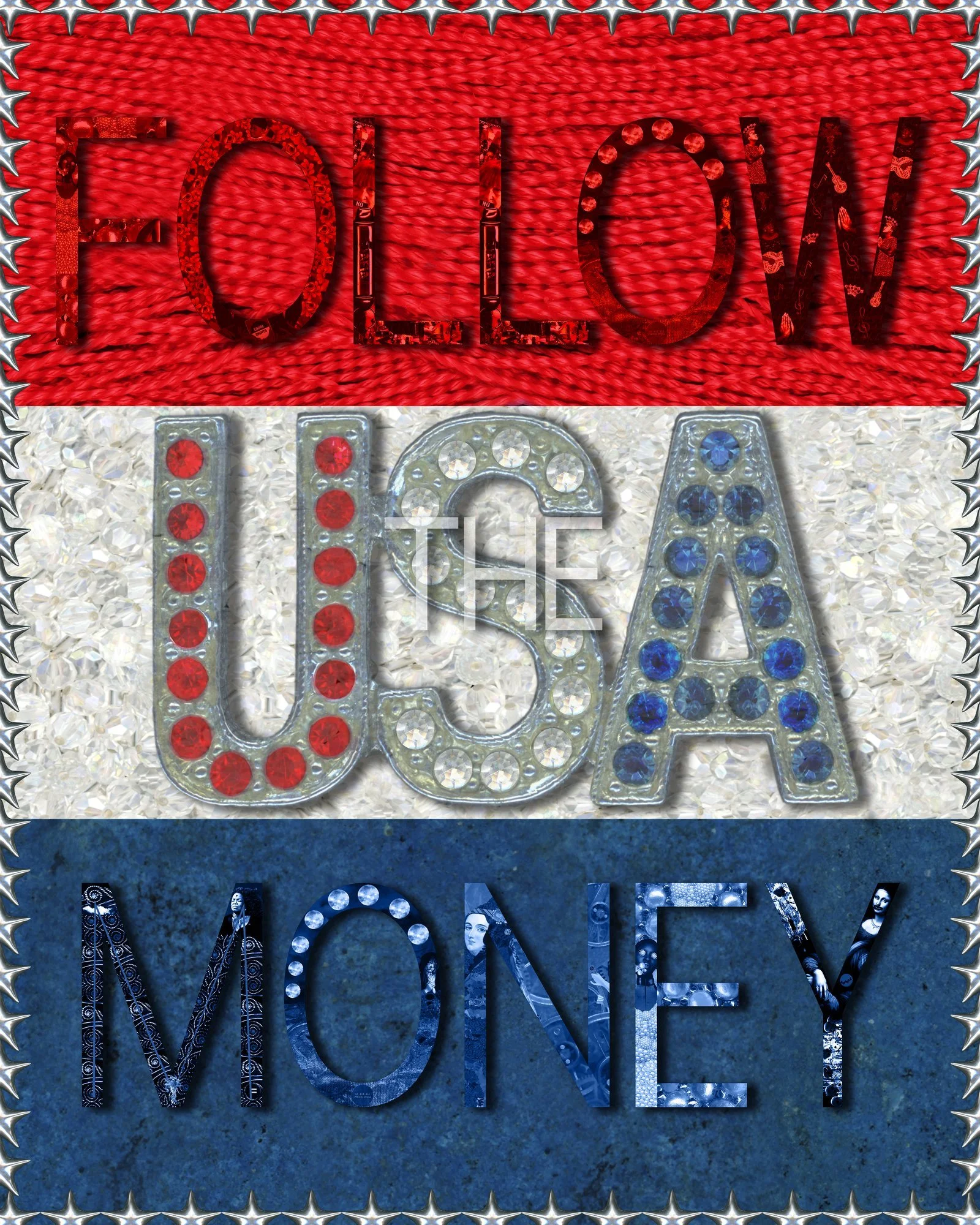 The image features the words "FELLOWSHIP" and "LOVE" in large, decorative lettering adorned with colorful rhinestones. The background is divided into three sections with different textures and colors: red with a woven pattern, white with pearl-like embellishments, and dark blue with a metallic finish. The border of the image is decorated with silver star-shaped studs.
